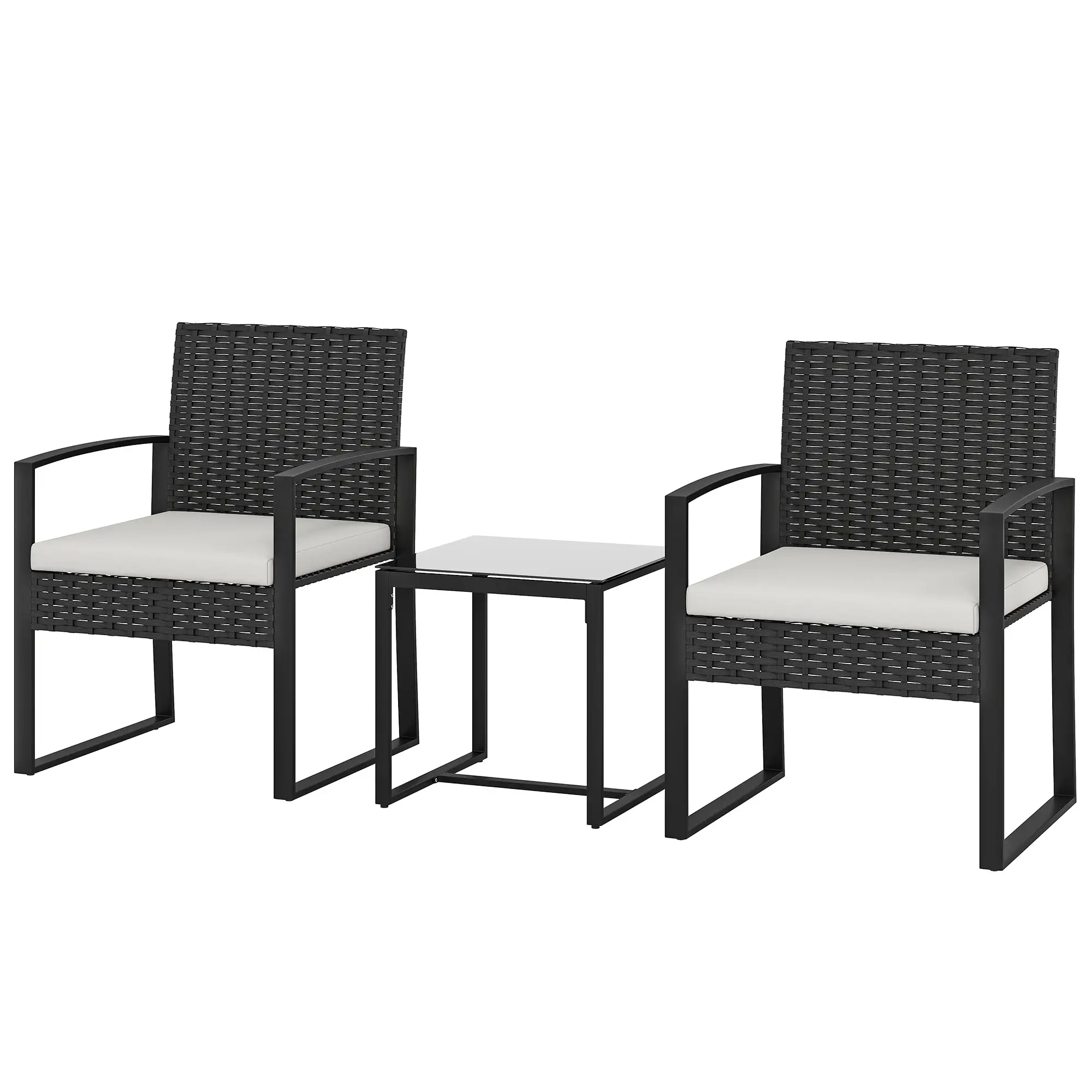 3 Piece Wicker Patio Set, Glass Top Table With Cushions, Cream White