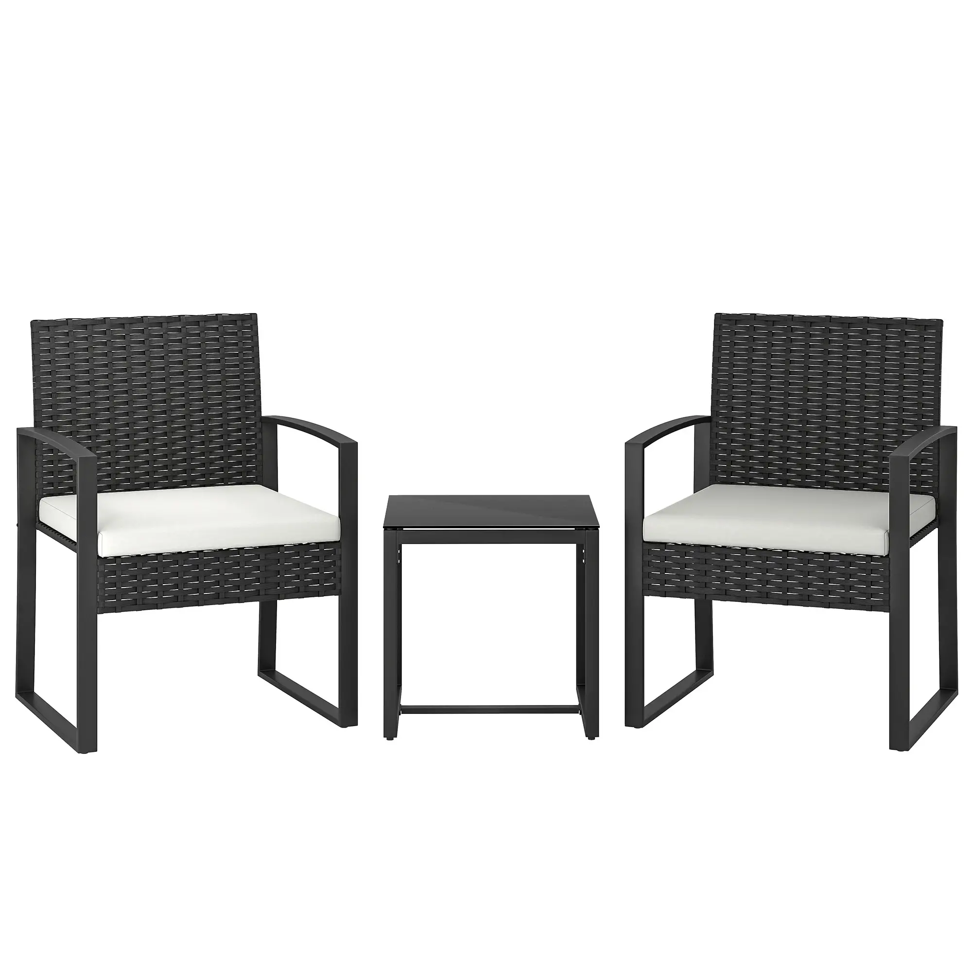 3 Piece Wicker Patio Set, Glass Top Table With Cushions, Cream White - Image 11