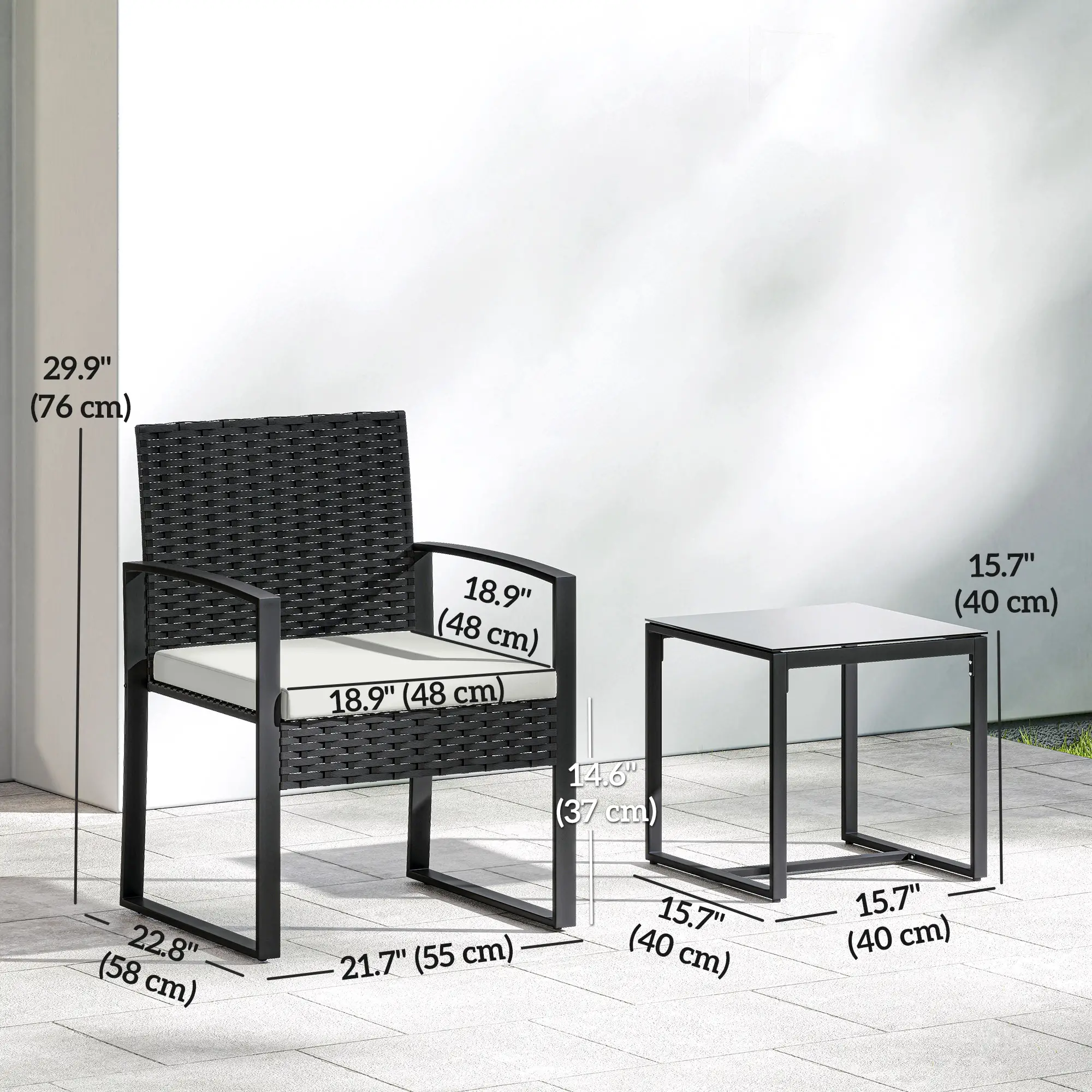 3 Piece Wicker Patio Set, Glass Top Table With Cushions, Cream White - Image 3