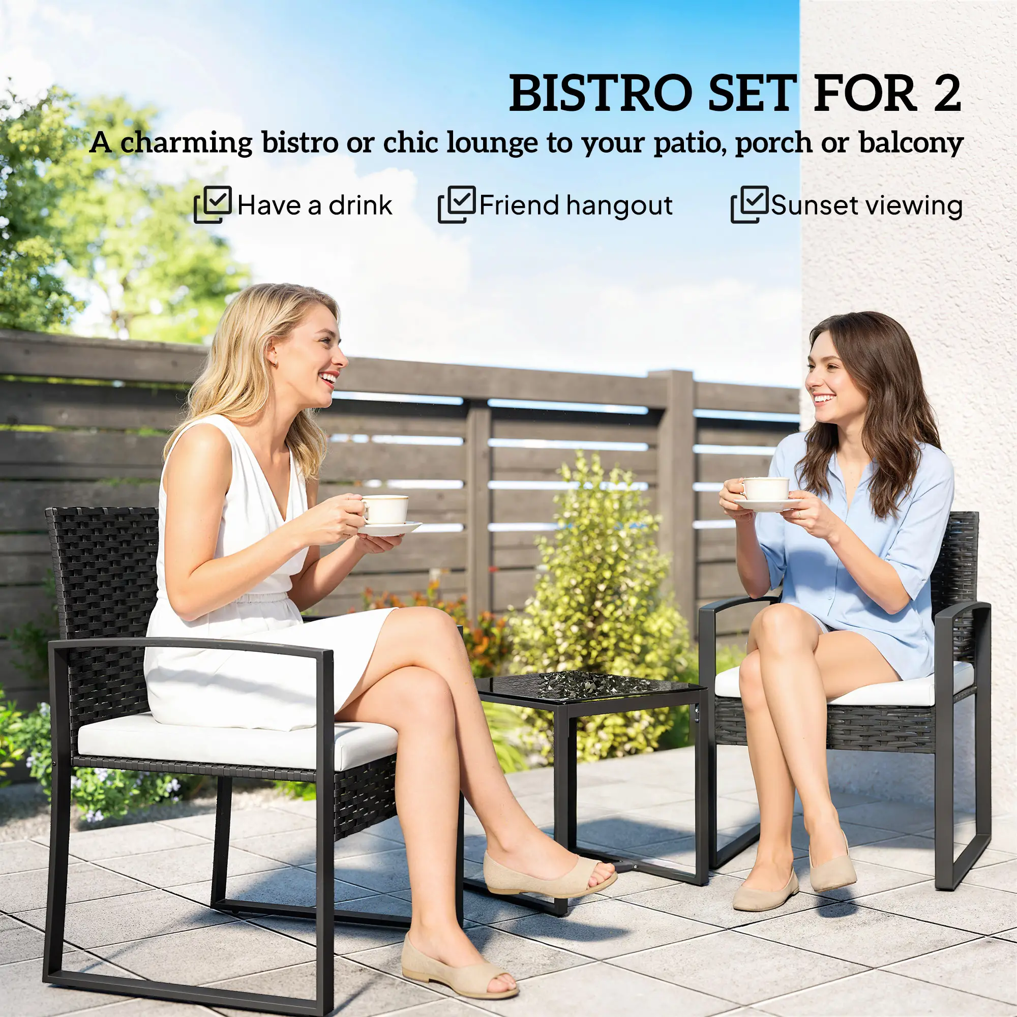 3 Piece Wicker Patio Set, Glass Top Table With Cushions, Cream White - Image 4