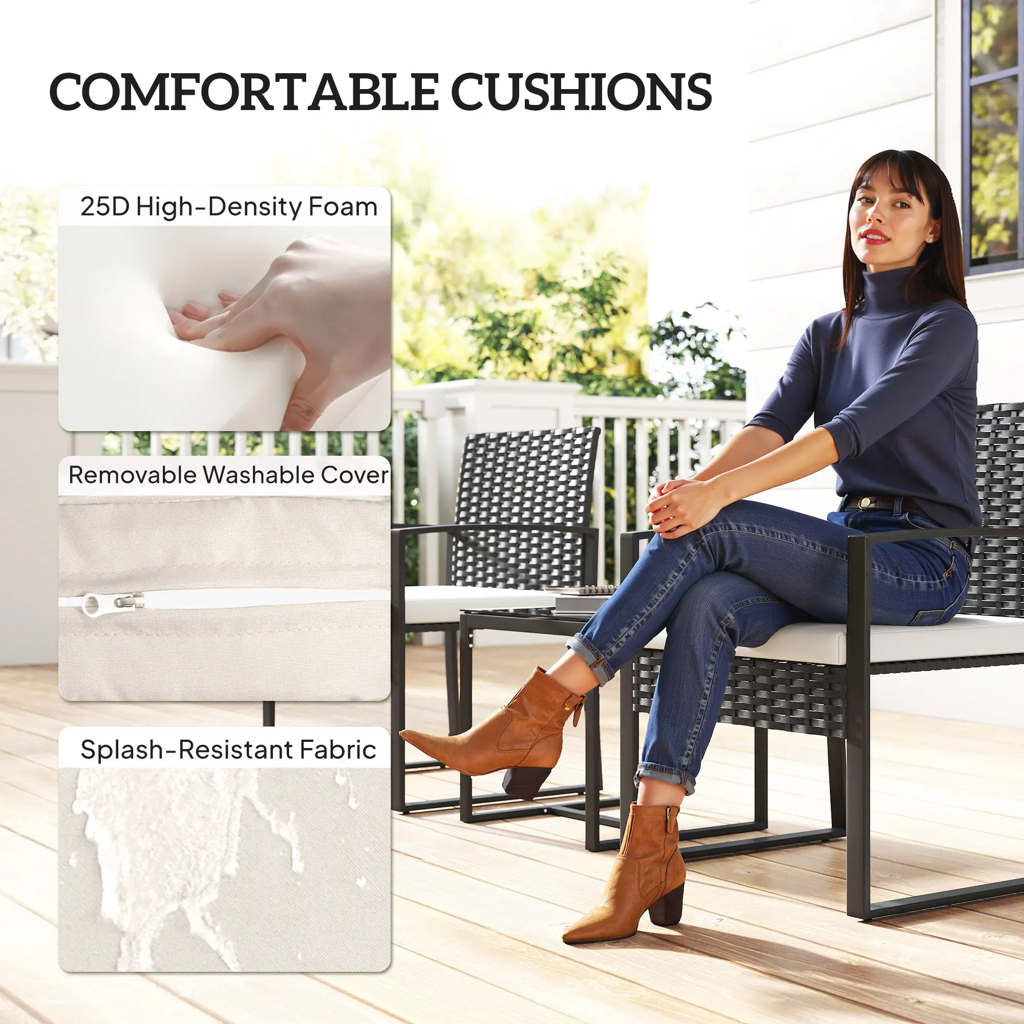 3 Piece Wicker Patio Set, Glass Top Table With Cushions, Cream White - Image 6