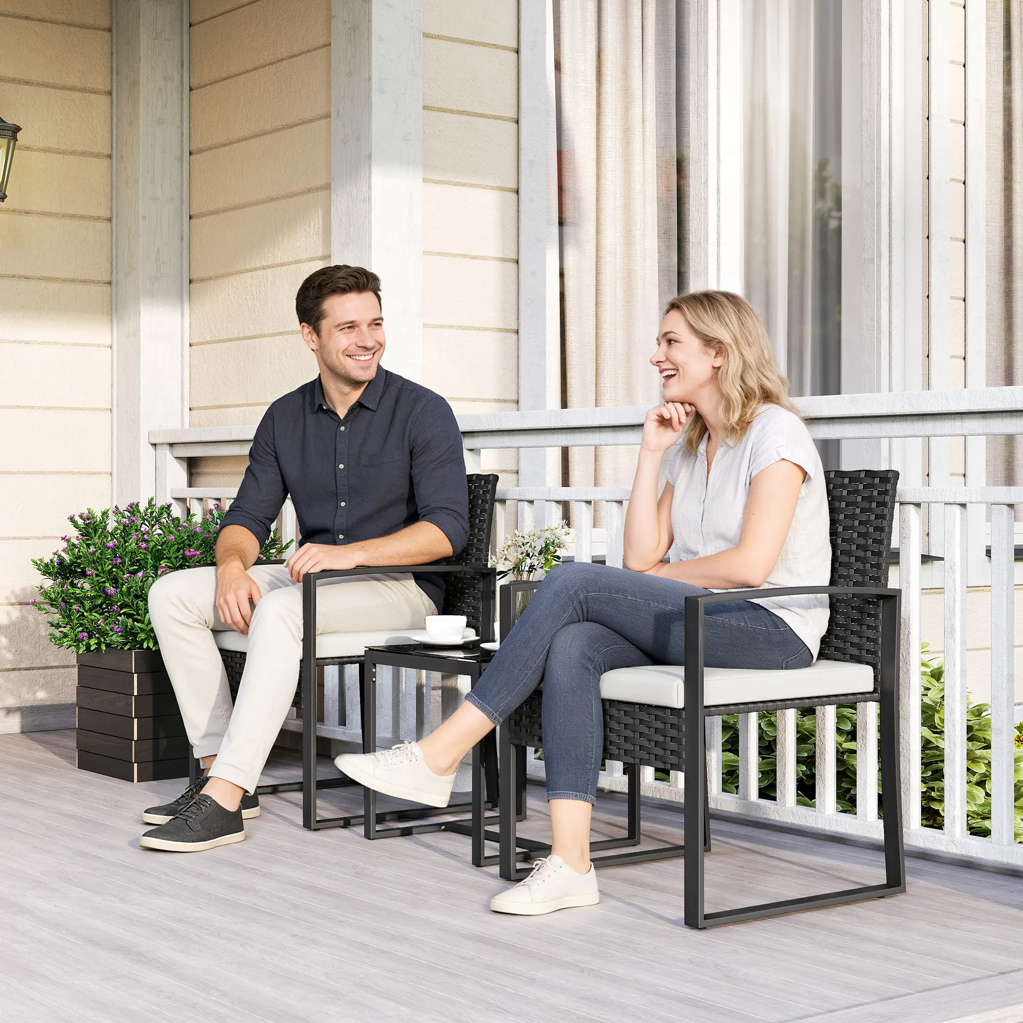 3 Piece Wicker Patio Set, Glass Top Table With Cushions, Cream White - Image 8