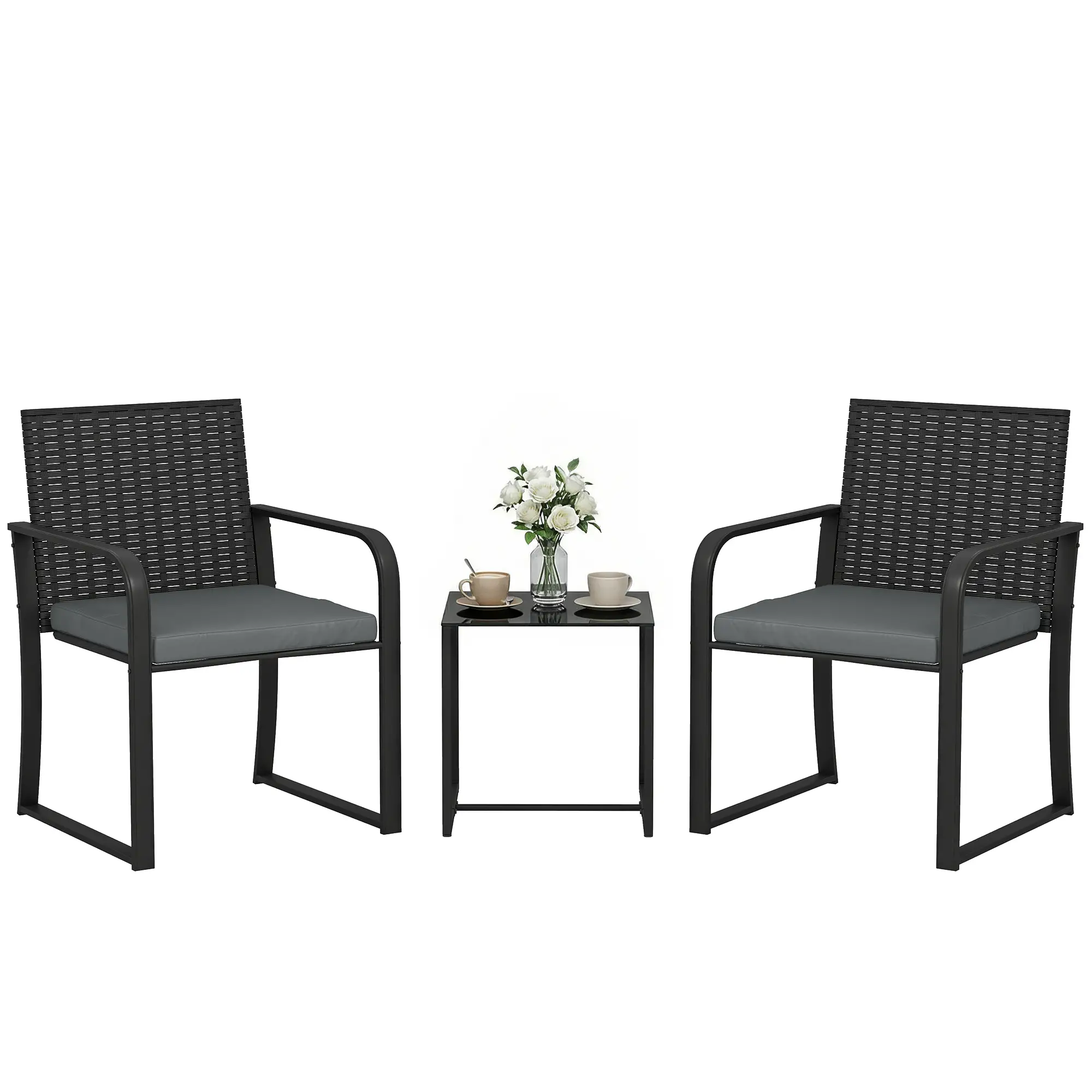 3 Piece Wicker Patio Set, Mesh Seat, Glass Table, Cushions, Grey - Image 11