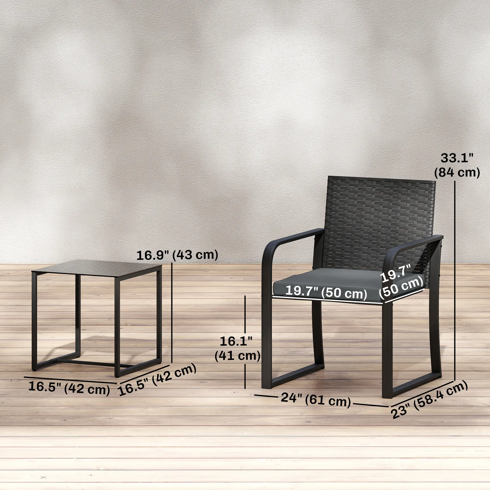 3 Piece Wicker Patio Set, Mesh Seat, Glass Table, Cushions, Grey - Image 3
