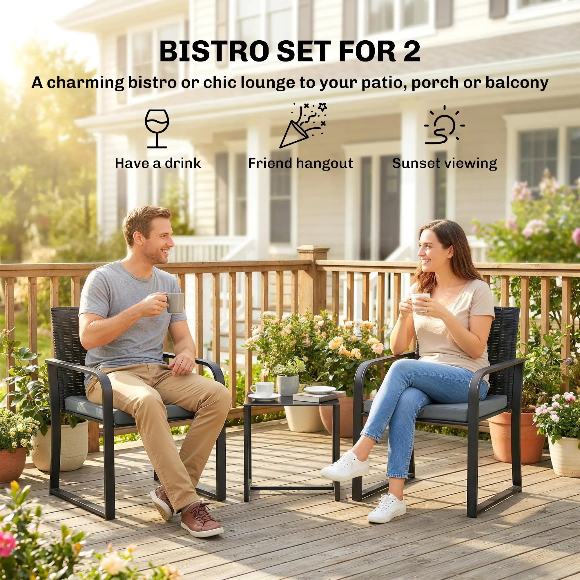 3 Piece Wicker Patio Set, Mesh Seat, Glass Table, Cushions, Grey - Image 4