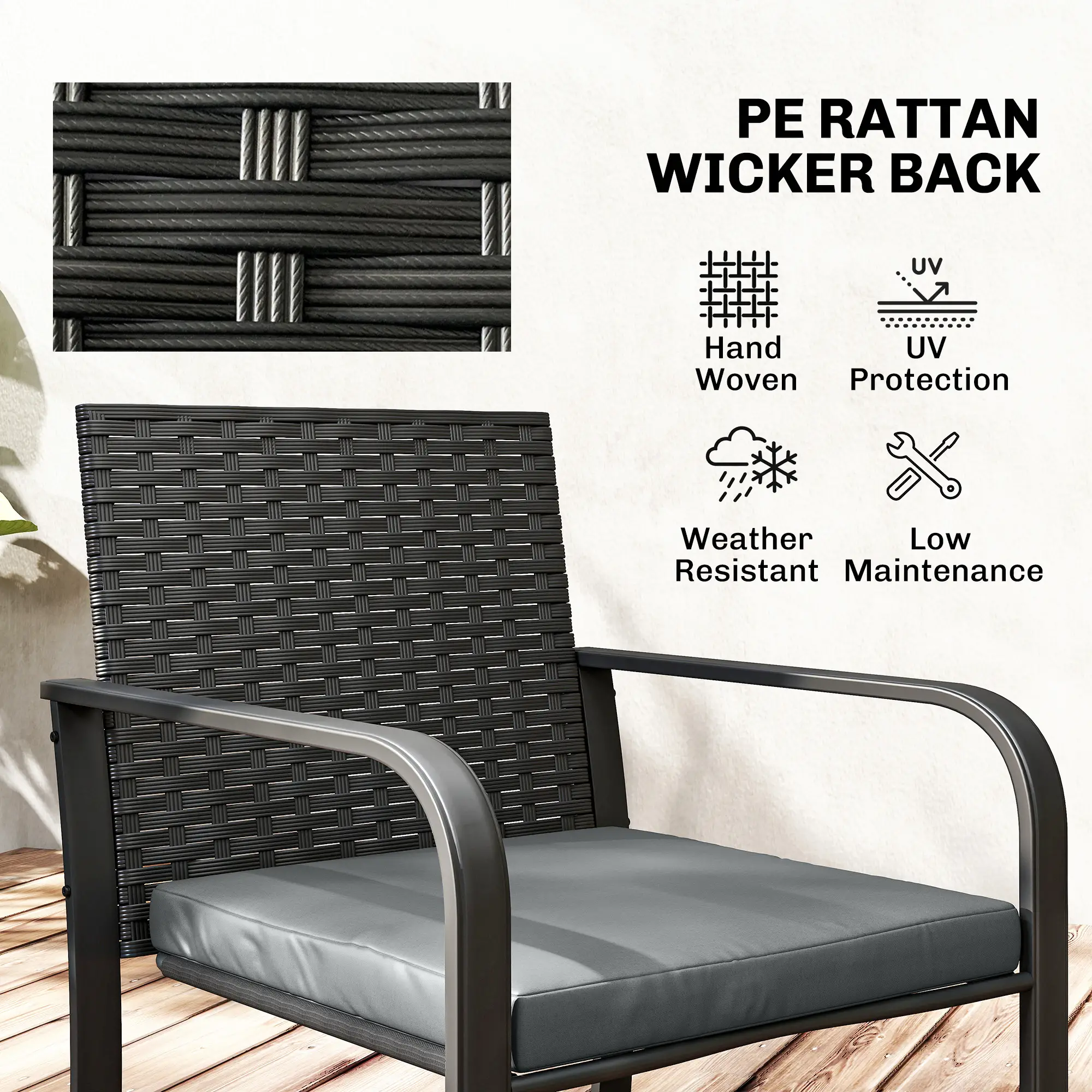 3 Piece Wicker Patio Set, Mesh Seat, Glass Table, Cushions, Grey - Image 5