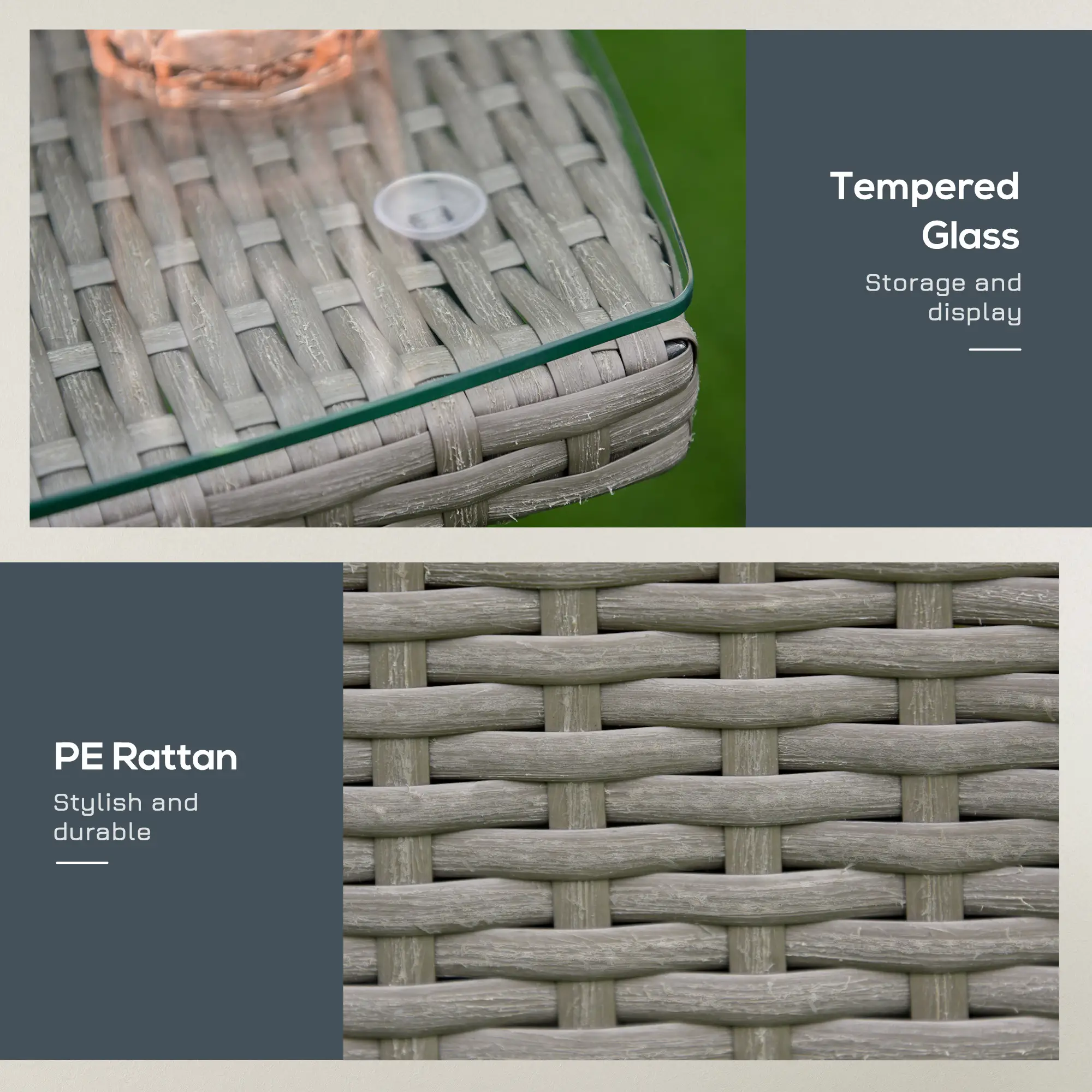 3-Piece Wicker Patio Set, Rattan Bistro with Glass Table, Grey - Image 5