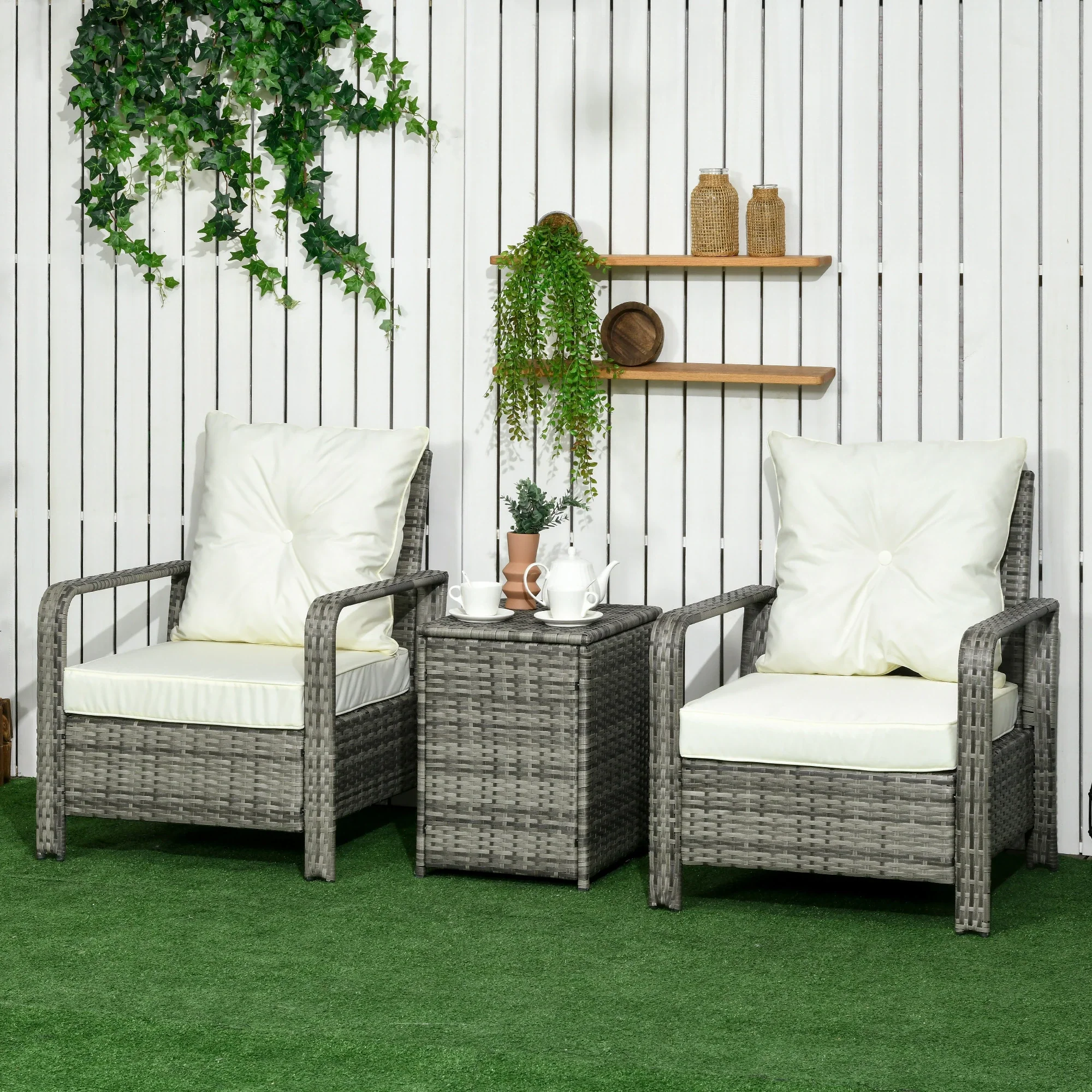 3-Piece Wicker Patio Set, Rattan Bistro with Storage Table, Thickened Cushions, Beige - Image 10