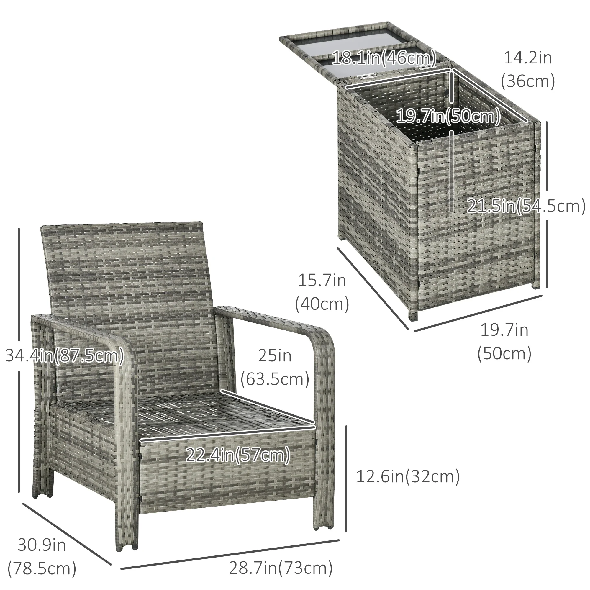 3-Piece Wicker Patio Set, Rattan Bistro with Storage Table, Thickened Cushions, Beige - Image 3