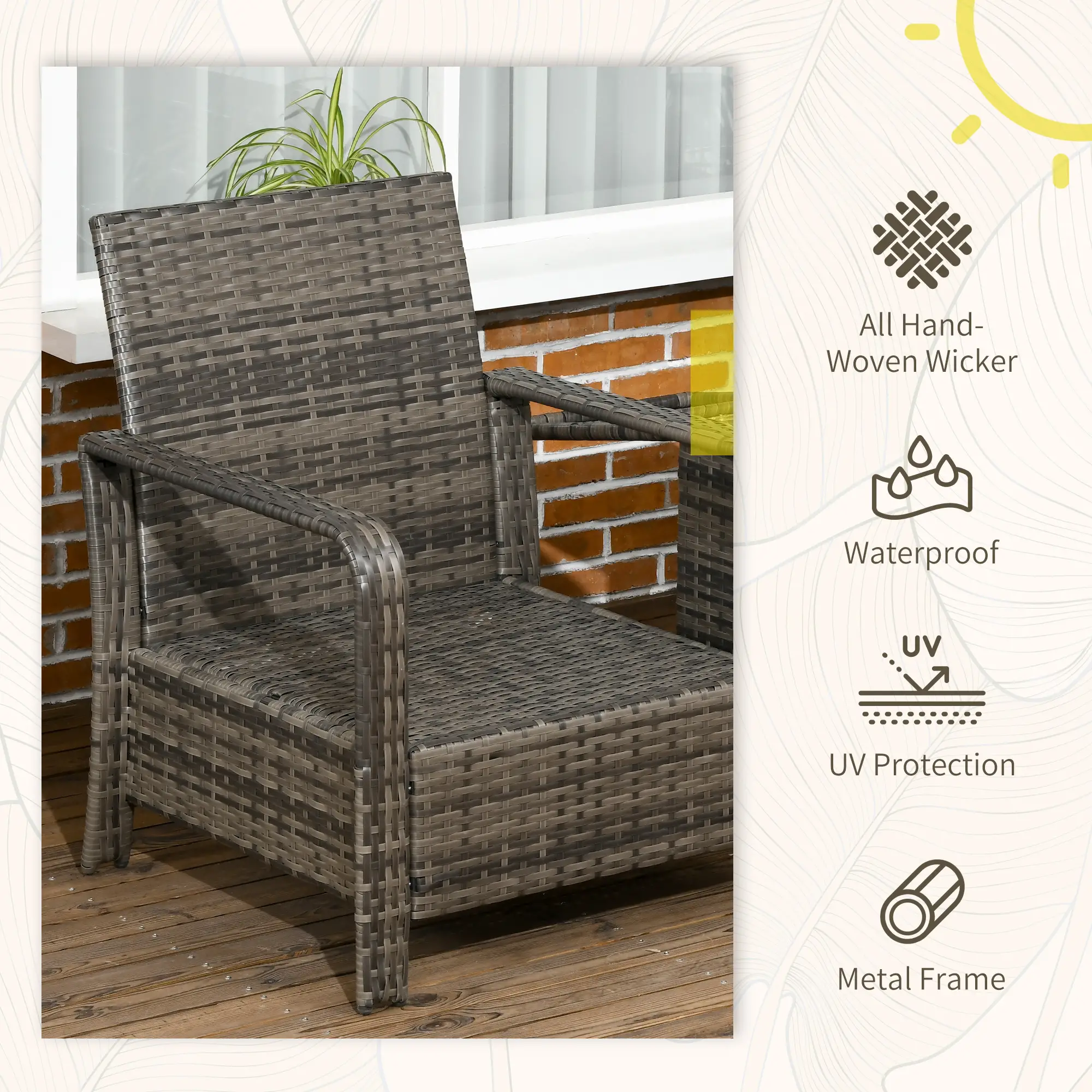 3-Piece Wicker Patio Set, Rattan Bistro with Storage Table, Thickened Cushions, Beige - Image 4
