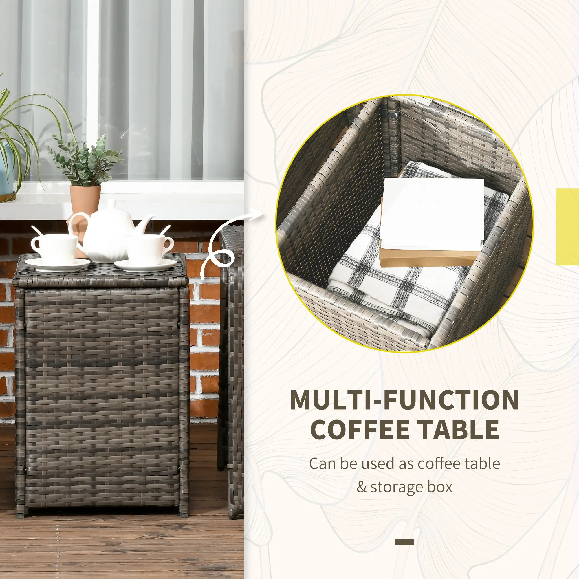 3-Piece Wicker Patio Set, Rattan Bistro with Storage Table, Thickened Cushions, Beige - Image 5