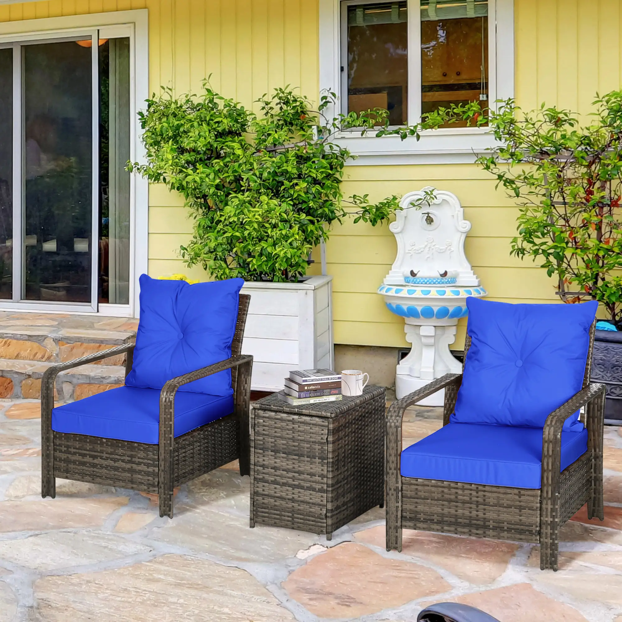 3-Piece Wicker Patio Set, Rattan Bistro with Storage Table, Thickened Cushions, Blue - Image 8