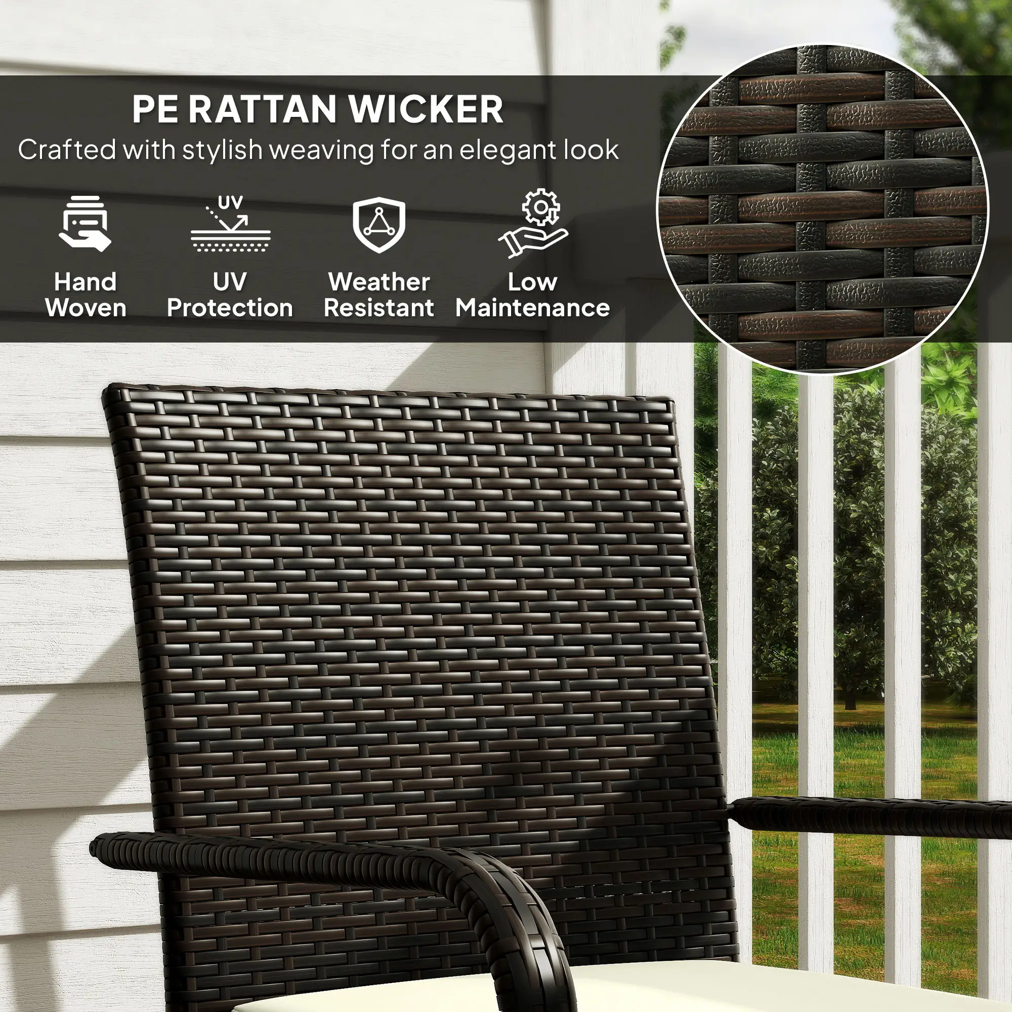 3 Piece Wicker Patio Set, Stackable Chairs, Washable Cushion, Tempered Glass Top, Brown - Image 5