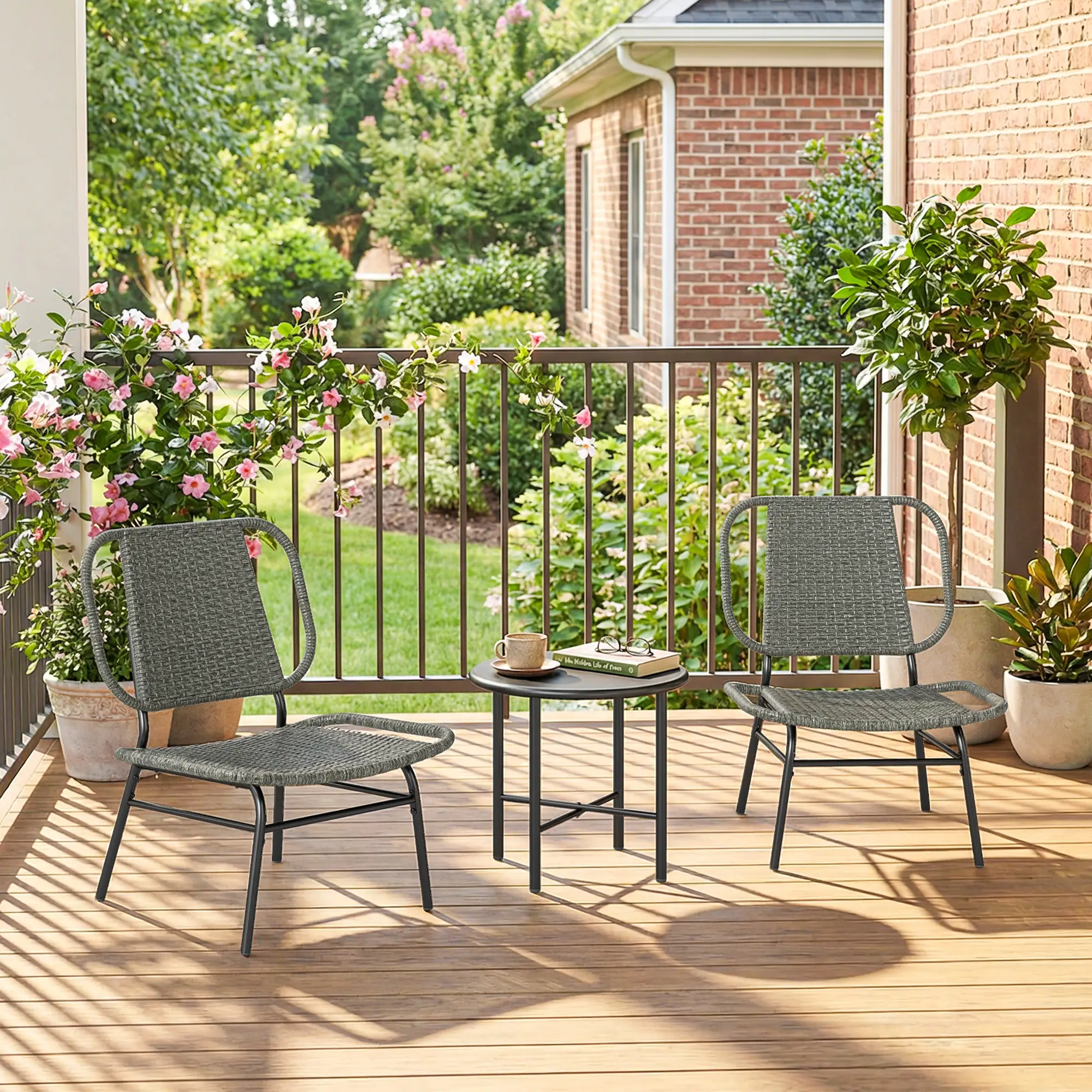 3 Piece Wicker Patio Set, Steel Table, Rattan Outdoor Furniture, Grey - Image 10