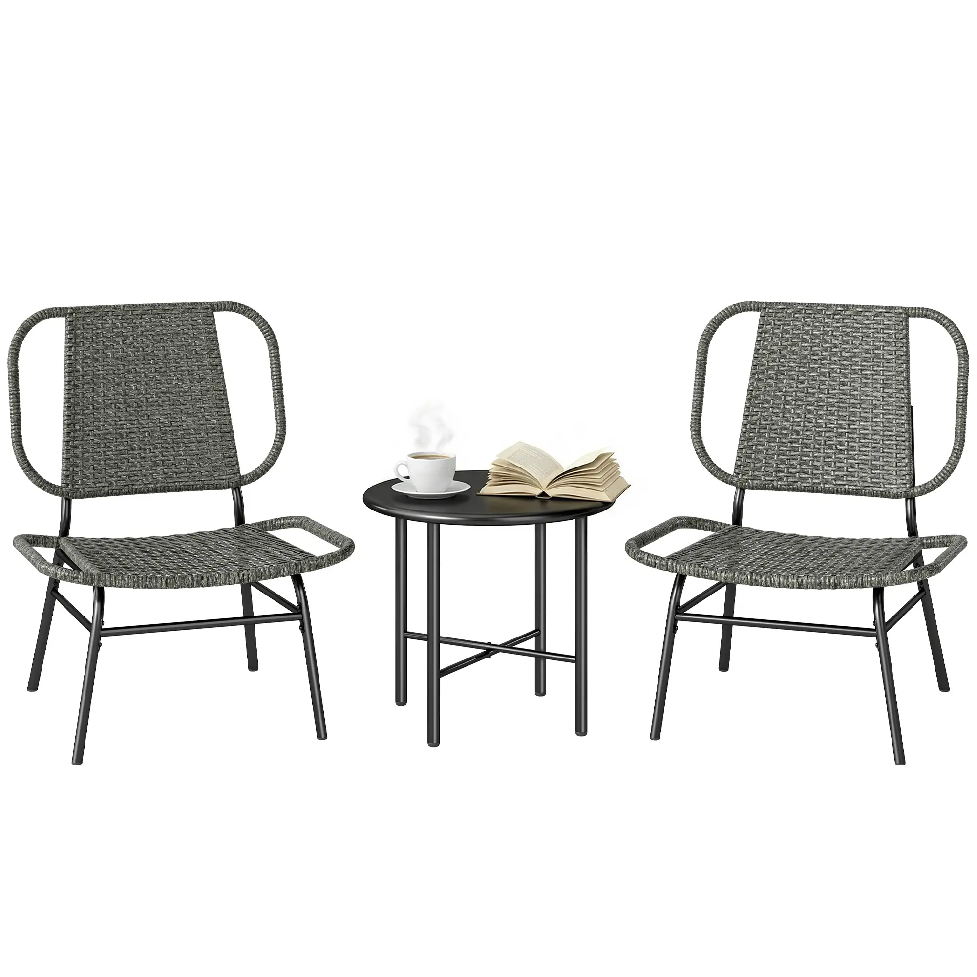 3 Piece Wicker Patio Set, Steel Table, Rattan Outdoor Furniture, Grey - Image 11