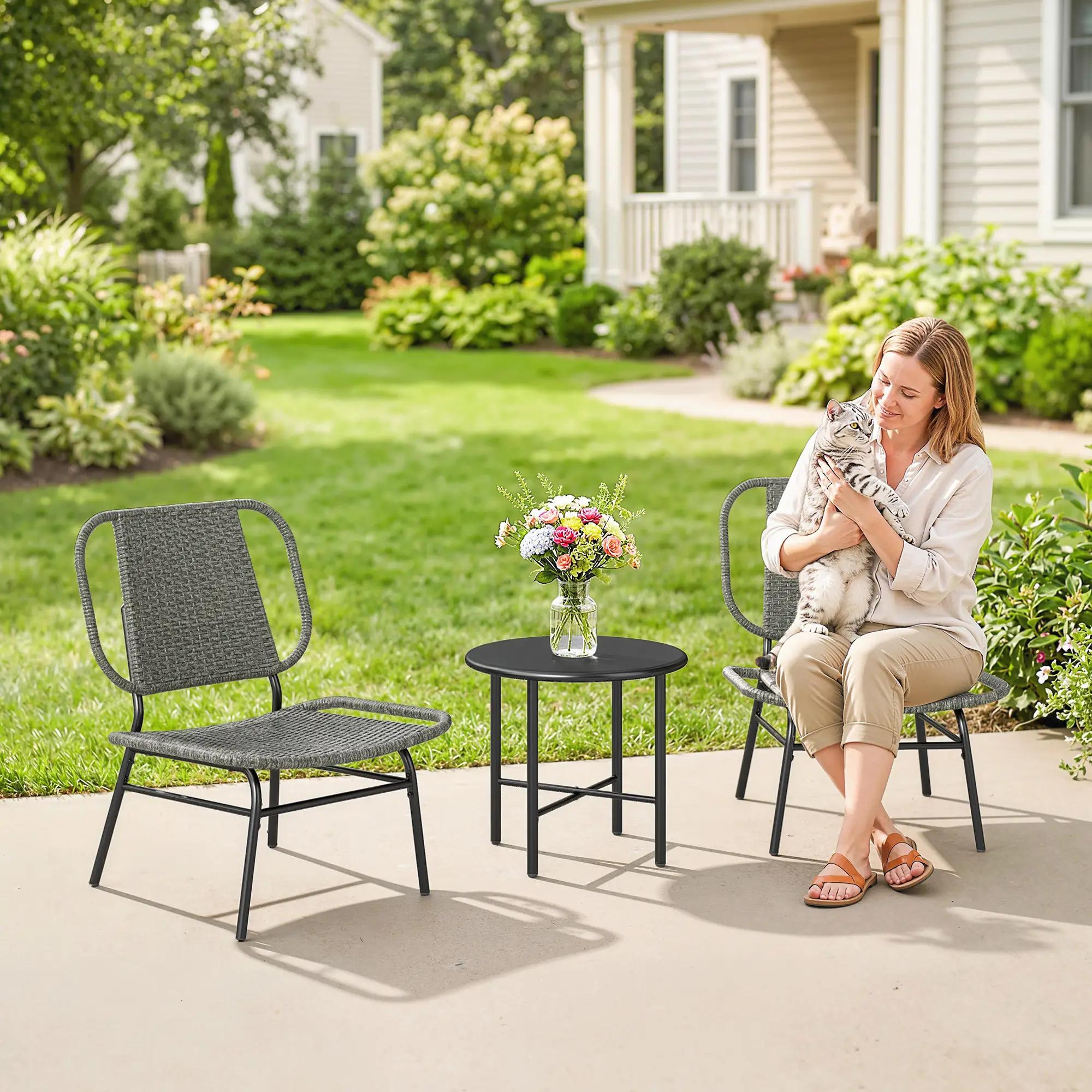 3 Piece Wicker Patio Set, Steel Table, Rattan Outdoor Furniture, Grey - Image 2