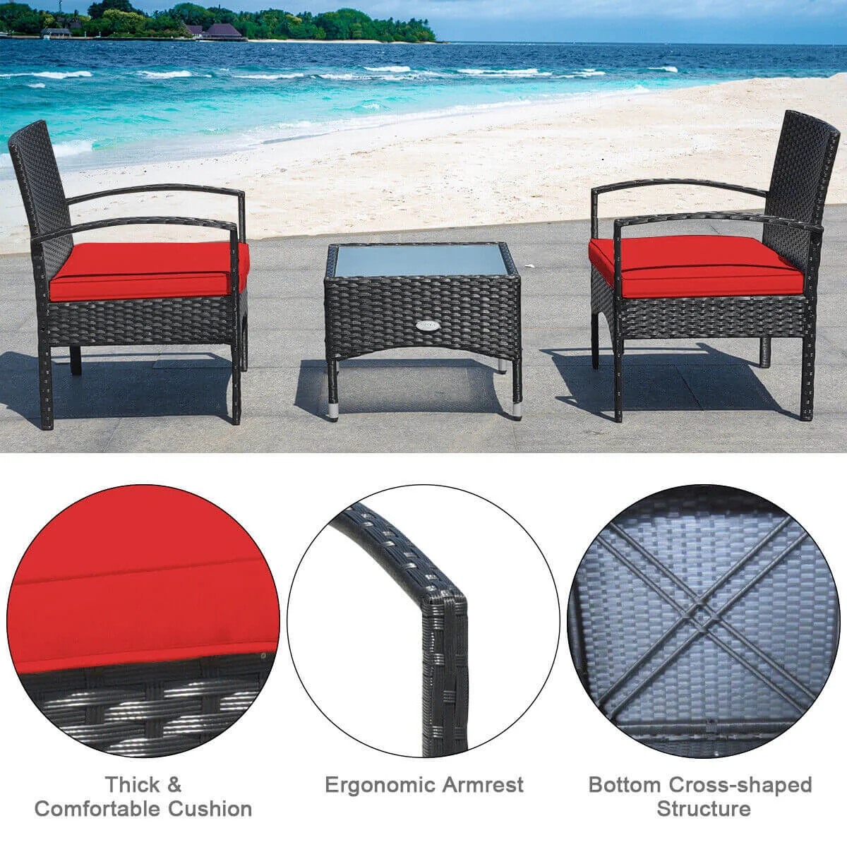 3-Piece Wicker Rattan Patio Furniture Set, Red - Image 10