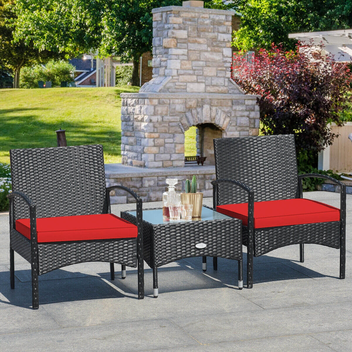 3-Piece Wicker Rattan Patio Furniture Set, Red - Image 2
