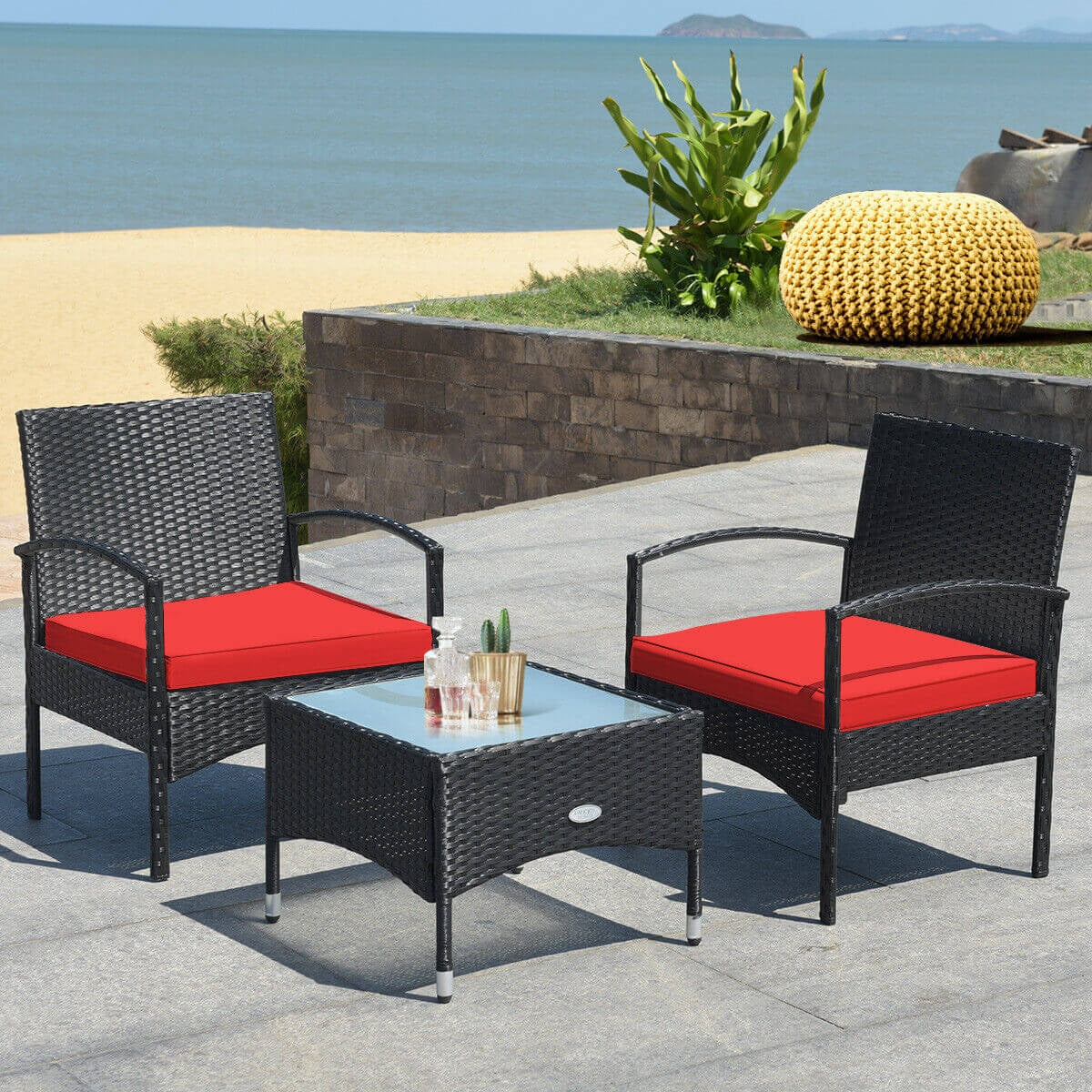 3-Piece Wicker Rattan Patio Furniture Set, Red - Image 3