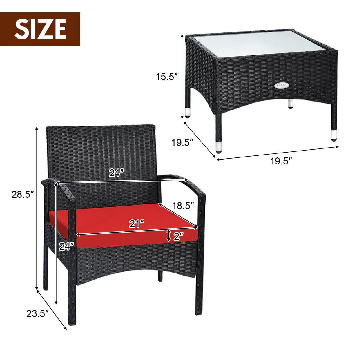 3-Piece Wicker Rattan Patio Furniture Set, Red - Image 6