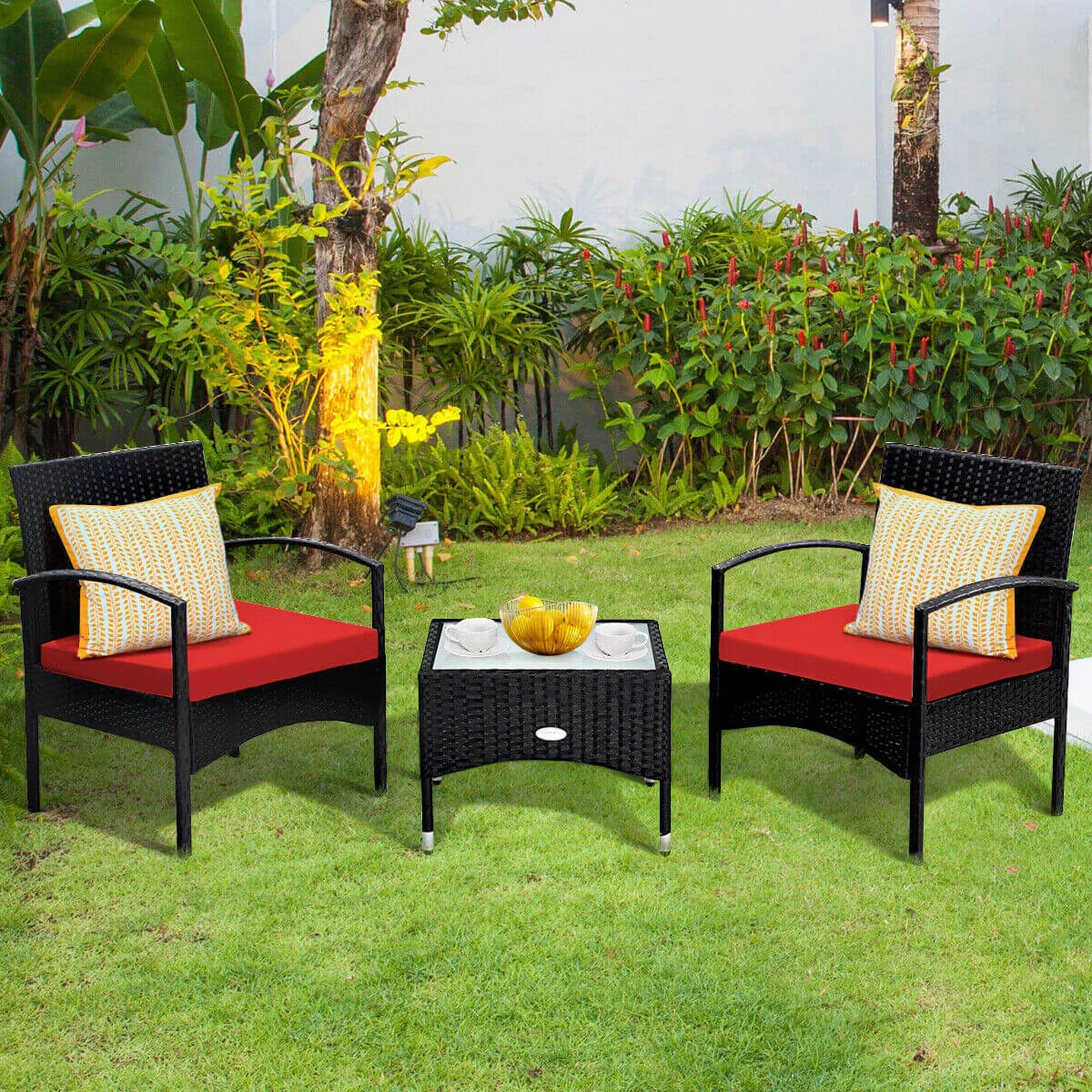 3-Piece Wicker Rattan Patio Furniture Set, Red - Image 7