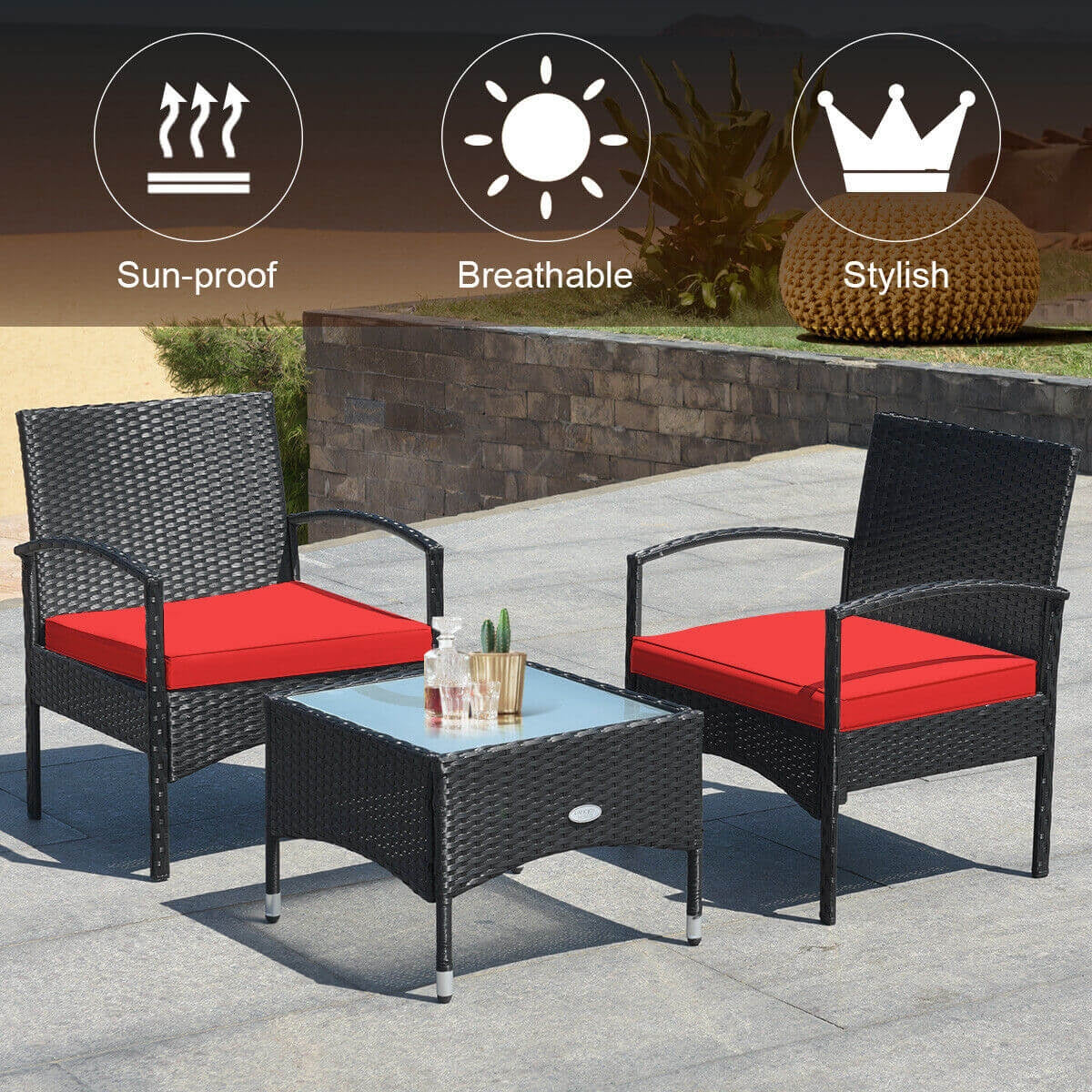3-Piece Wicker Rattan Patio Furniture Set, Red - Image 9