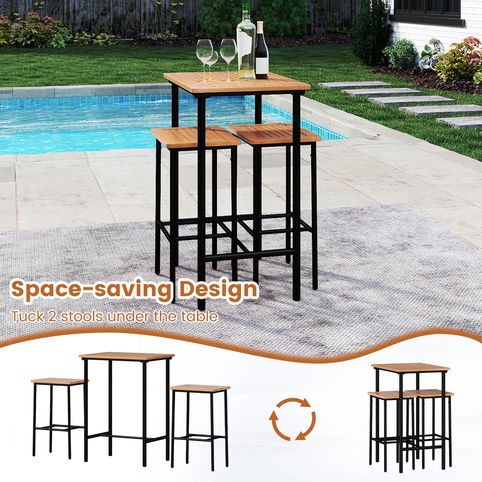3 Pieces Acacia Wood Patio Bar Set Rectangular Table with Metal Frame, Natural & Black - Image 10