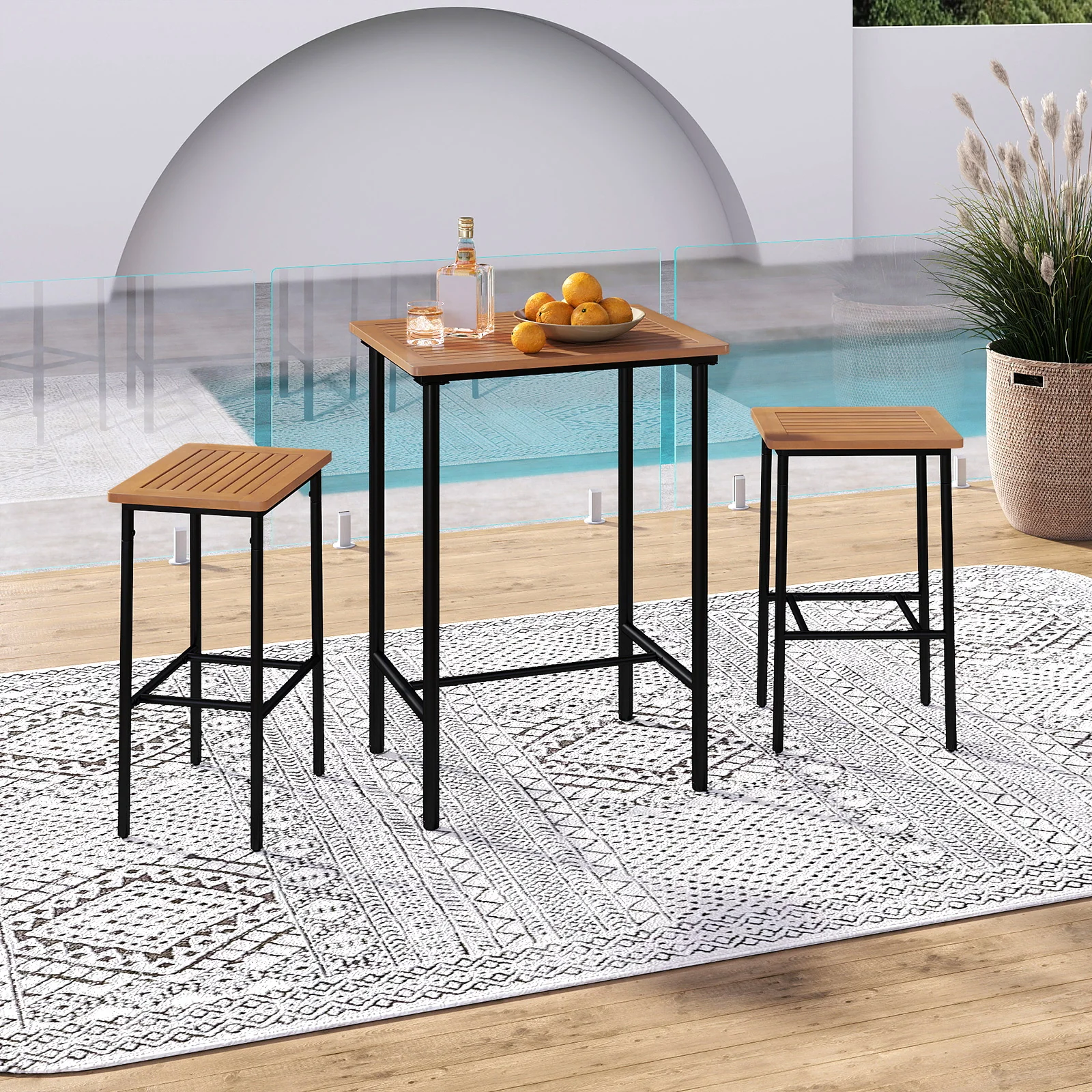 3 Pieces Acacia Wood Patio Bar Set Rectangular Table with Metal Frame, Natural & Black - Image 2