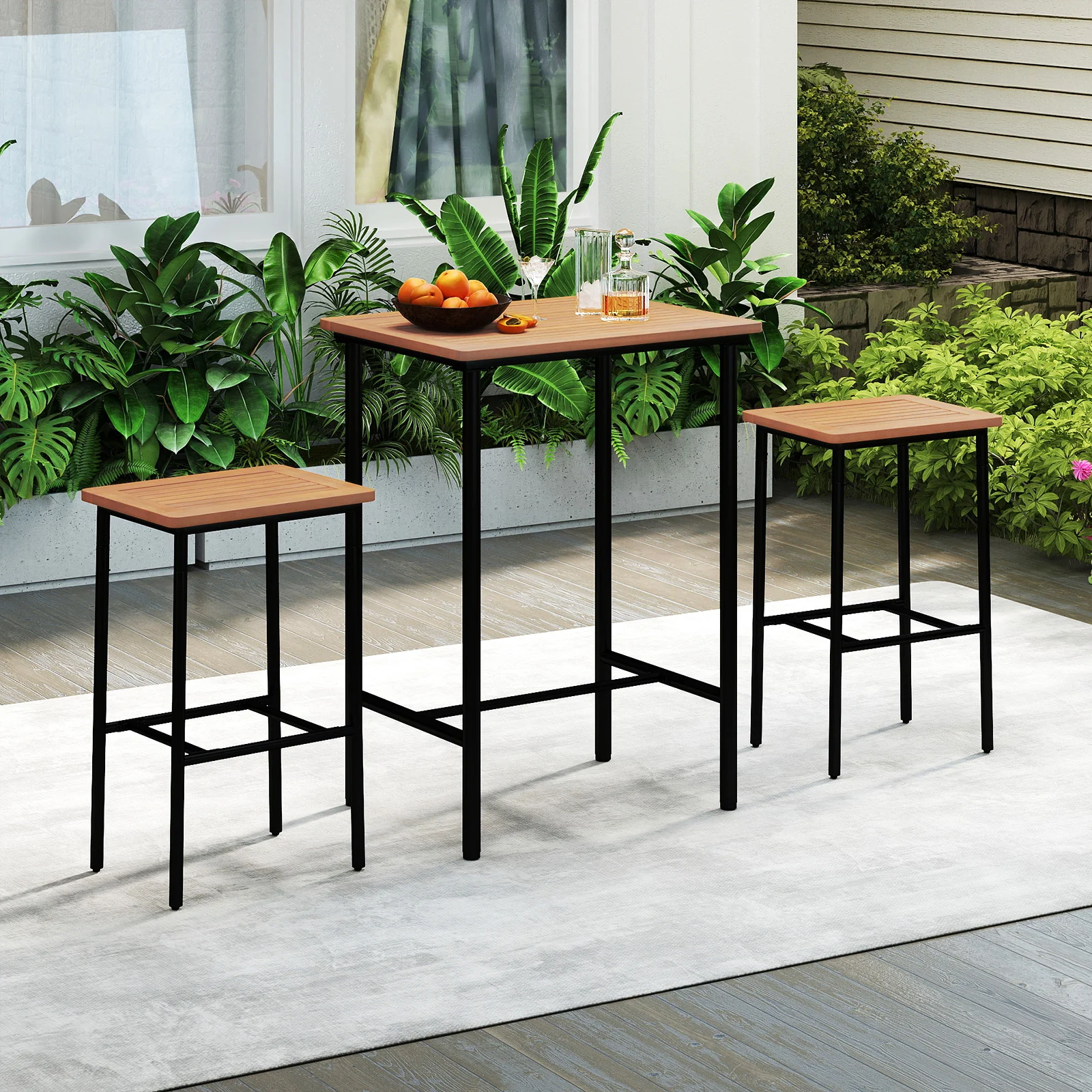 3 Pieces Acacia Wood Patio Bar Set Rectangular Table with Metal Frame, Natural & Black - Image 3