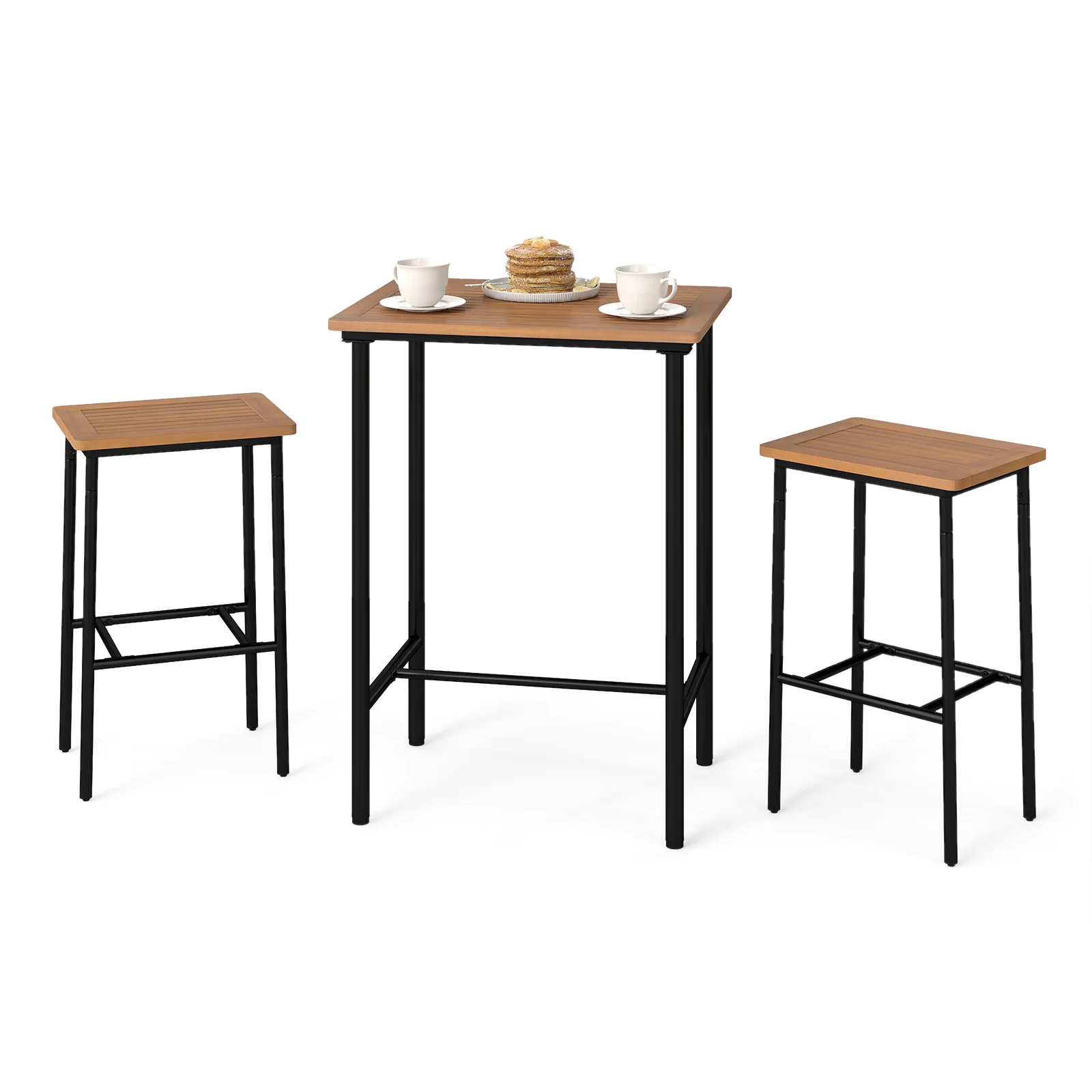 3 Pieces Acacia Wood Patio Bar Set Rectangular Table with Metal Frame, Natural & Black - Image 5