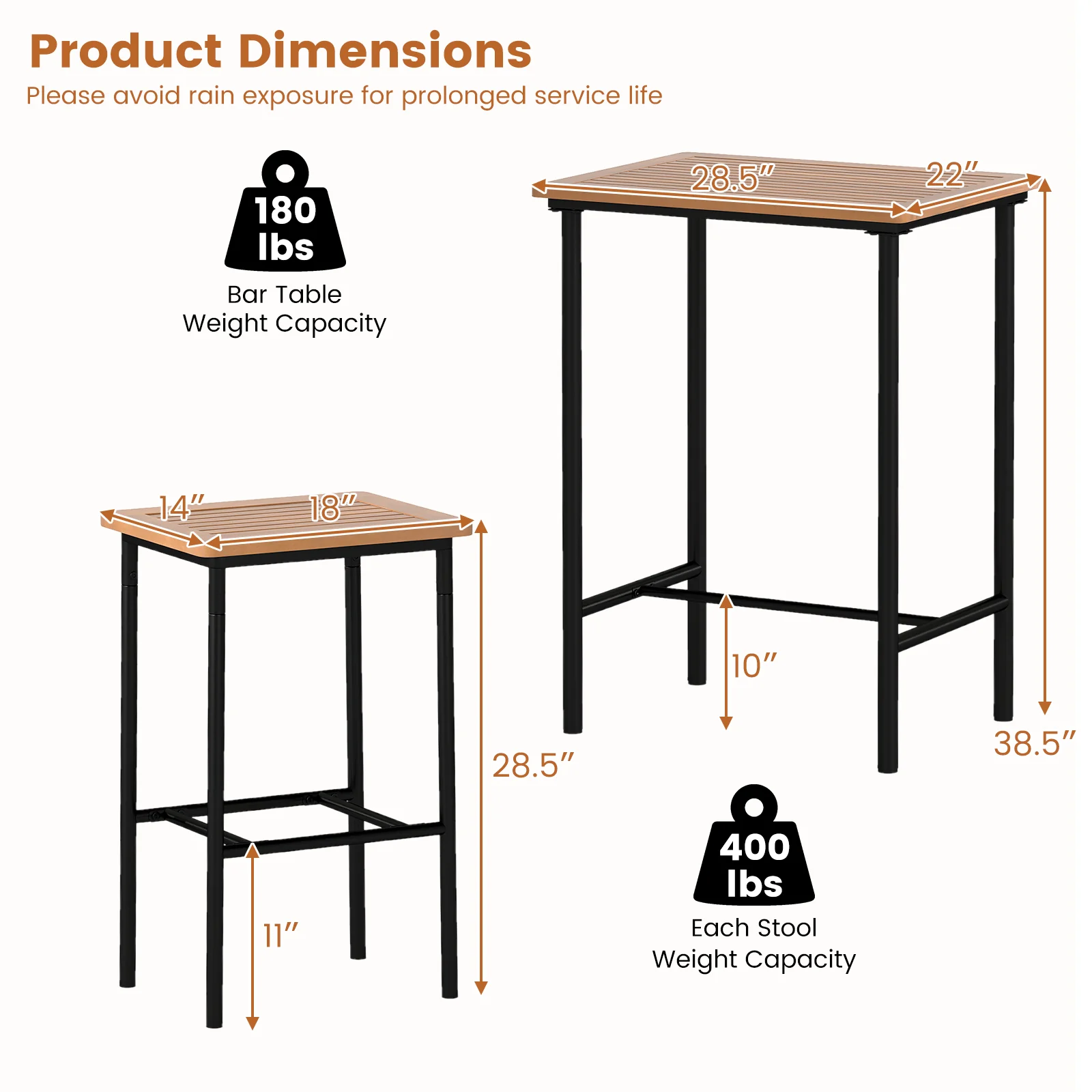 3 Pieces Acacia Wood Patio Bar Set Rectangular Table with Metal Frame, Natural & Black - Image 6