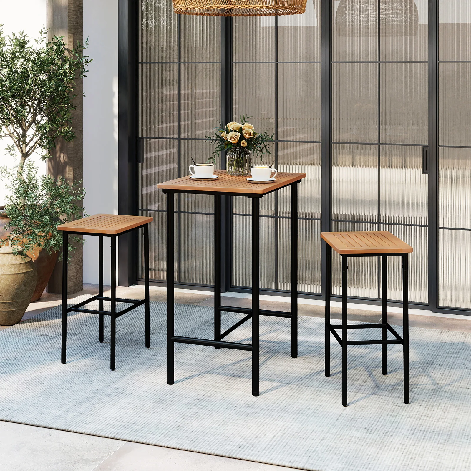 3 Pieces Acacia Wood Patio Bar Set Rectangular Table with Metal Frame, Natural & Black - Image 7