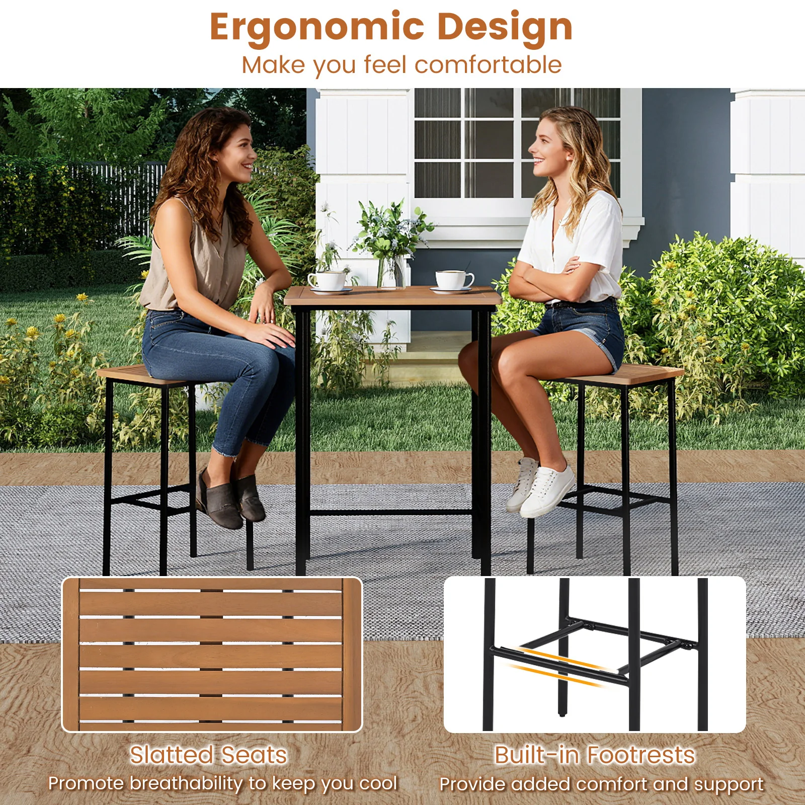 3 Pieces Acacia Wood Patio Bar Set Rectangular Table with Metal Frame, Natural & Black - Image 8
