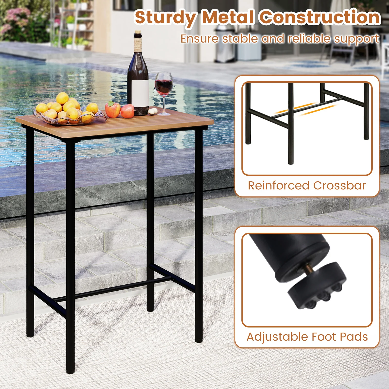 3 Pieces Acacia Wood Patio Bar Set Rectangular Table with Metal Frame, Natural & Black - Image 9