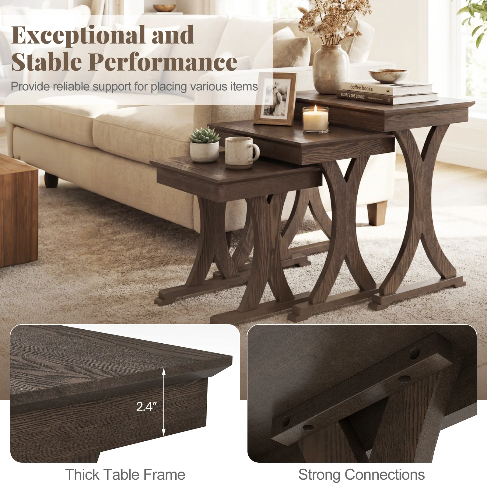 3 Pieces Nesting Coffee Table Side Table with Solid Rubber Wood Legs, Brown - Image 10