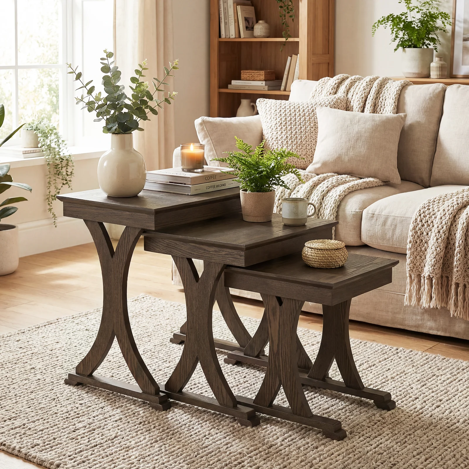 3 Pieces Nesting Coffee Table Side Table with Solid Rubber Wood Legs, Brown - Image 2