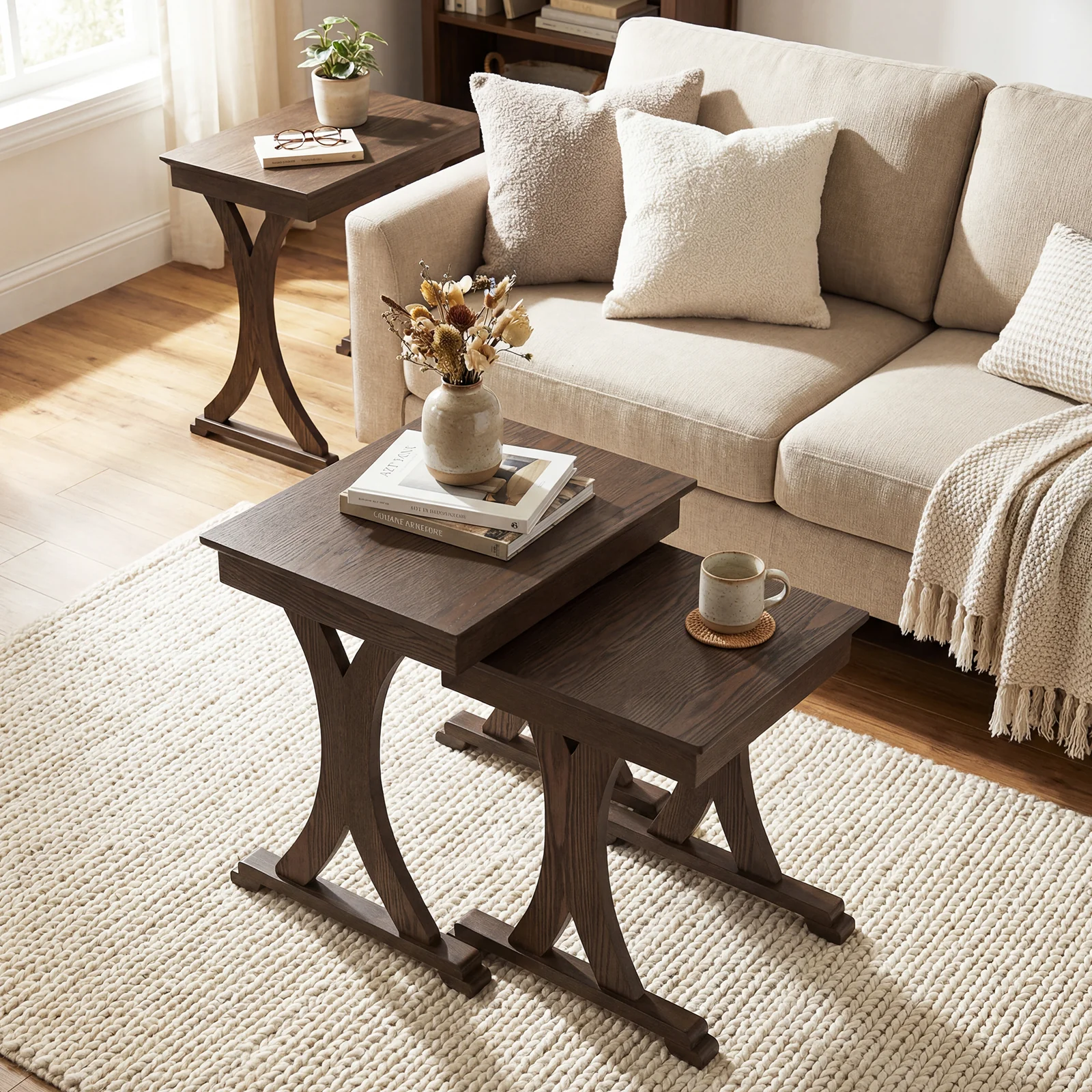 3 Pieces Nesting Coffee Table Side Table with Solid Rubber Wood Legs, Brown - Image 3