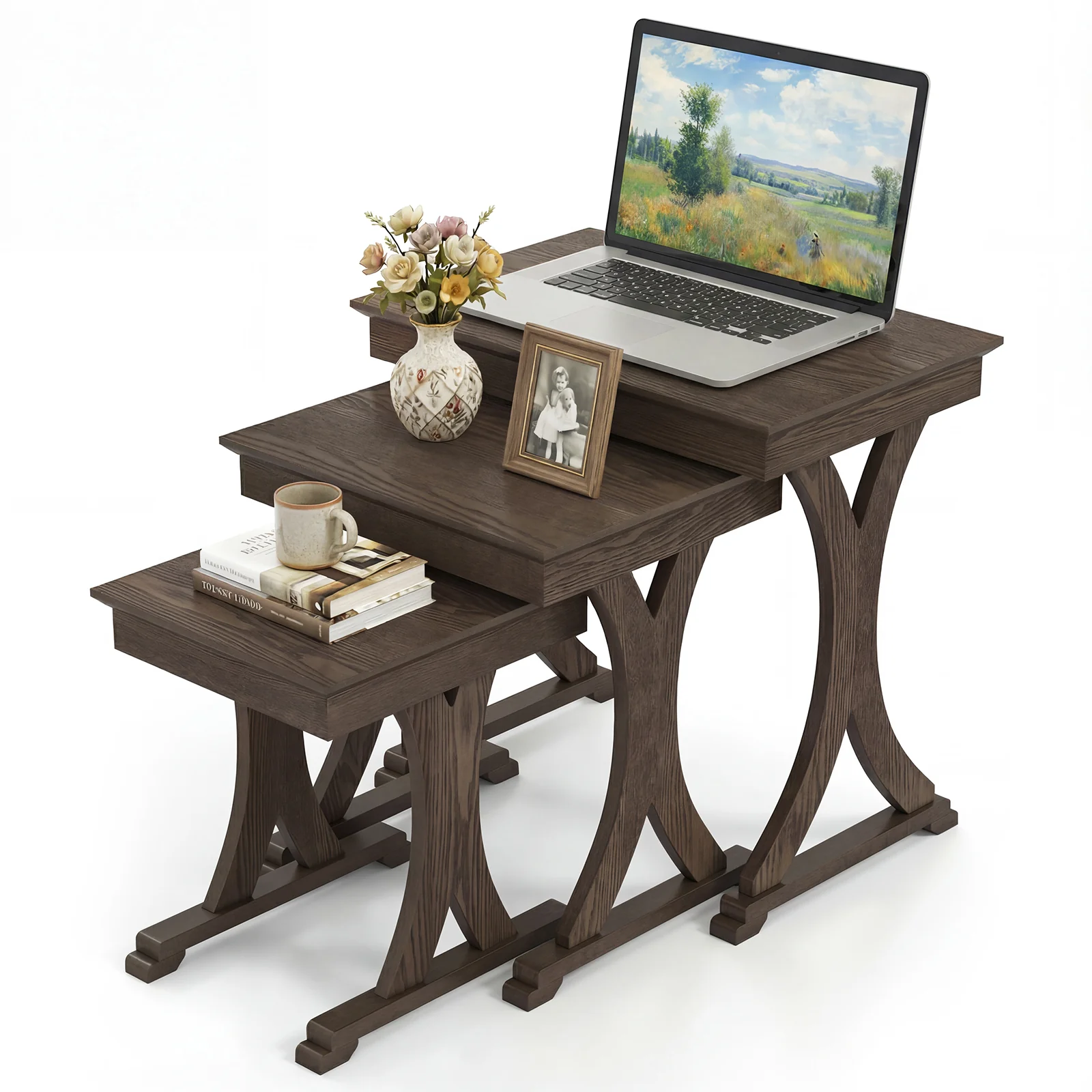 3 Pieces Nesting Coffee Table Side Table with Solid Rubber Wood Legs, Brown - Image 4