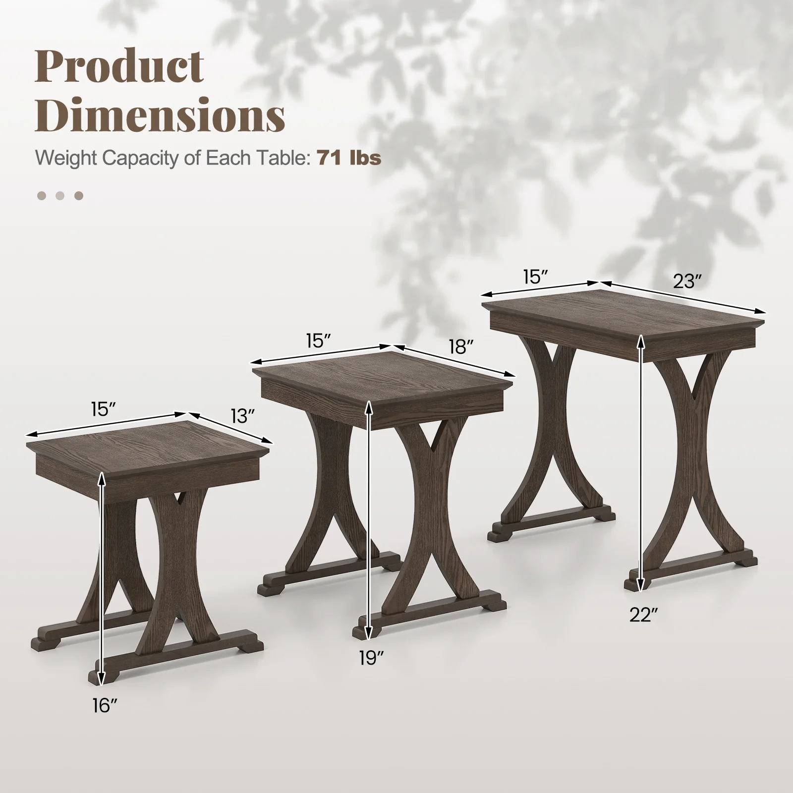 3 Pieces Nesting Coffee Table Side Table with Solid Rubber Wood Legs, Brown - Image 6