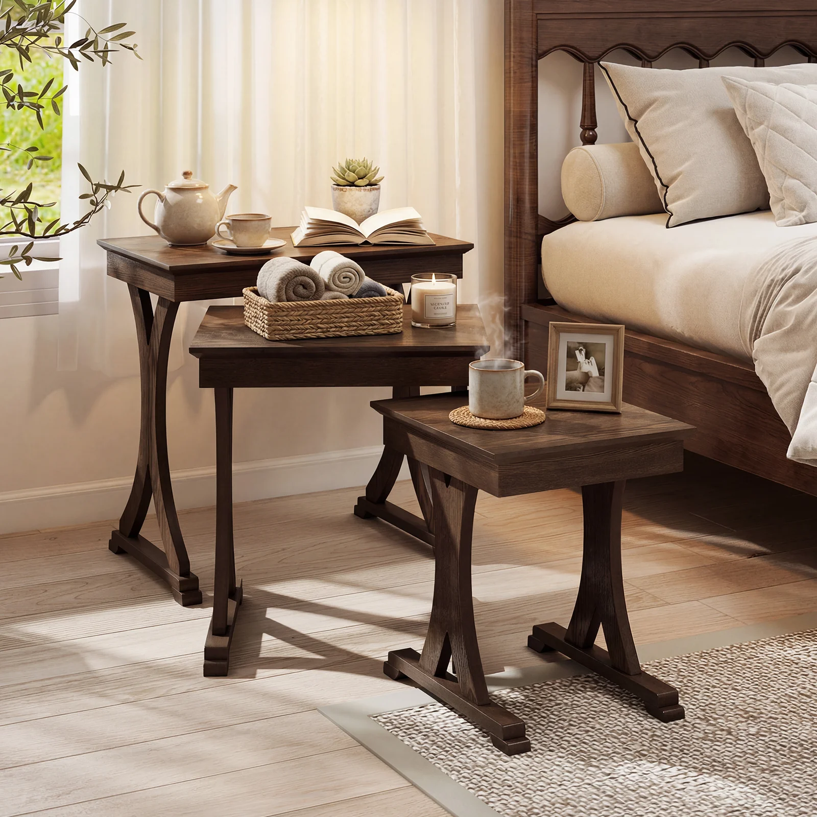 3 Pieces Nesting Coffee Table Side Table with Solid Rubber Wood Legs, Brown - Image 7