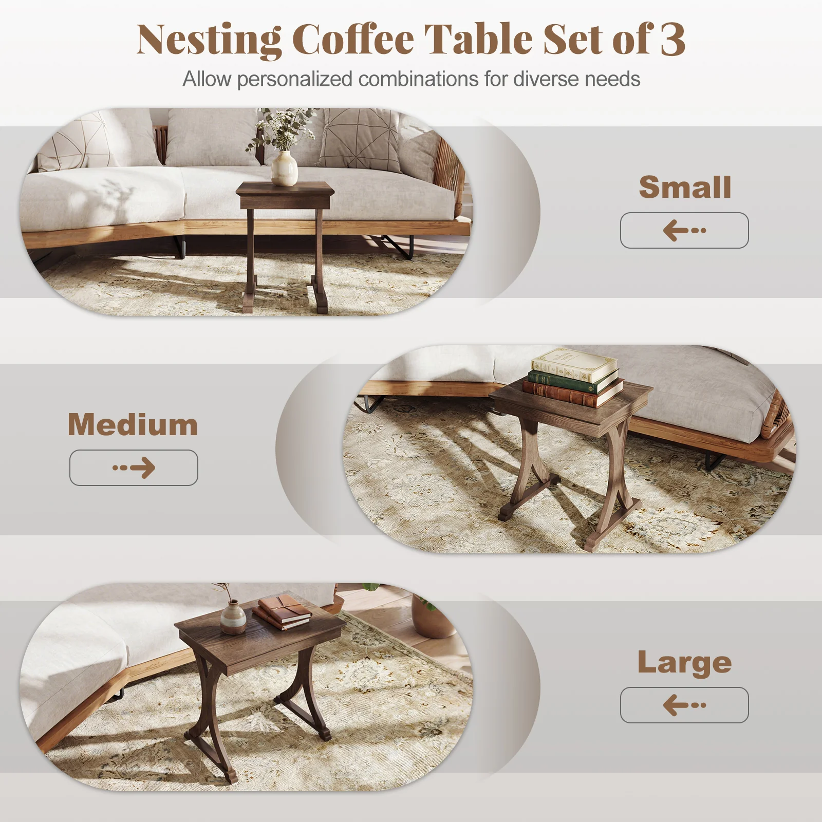 3 Pieces Nesting Coffee Table Side Table with Solid Rubber Wood Legs, Brown - Image 8