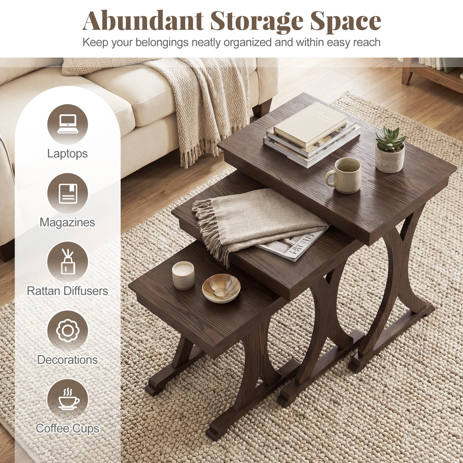 3 Pieces Nesting Coffee Table Side Table with Solid Rubber Wood Legs, Brown - Image 9
