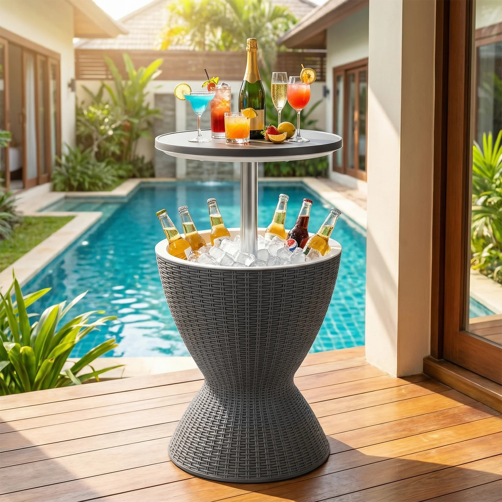 3 Pieces Outdoor Rattan Bar Table with Extendable Tabletop, Gray - Image 3