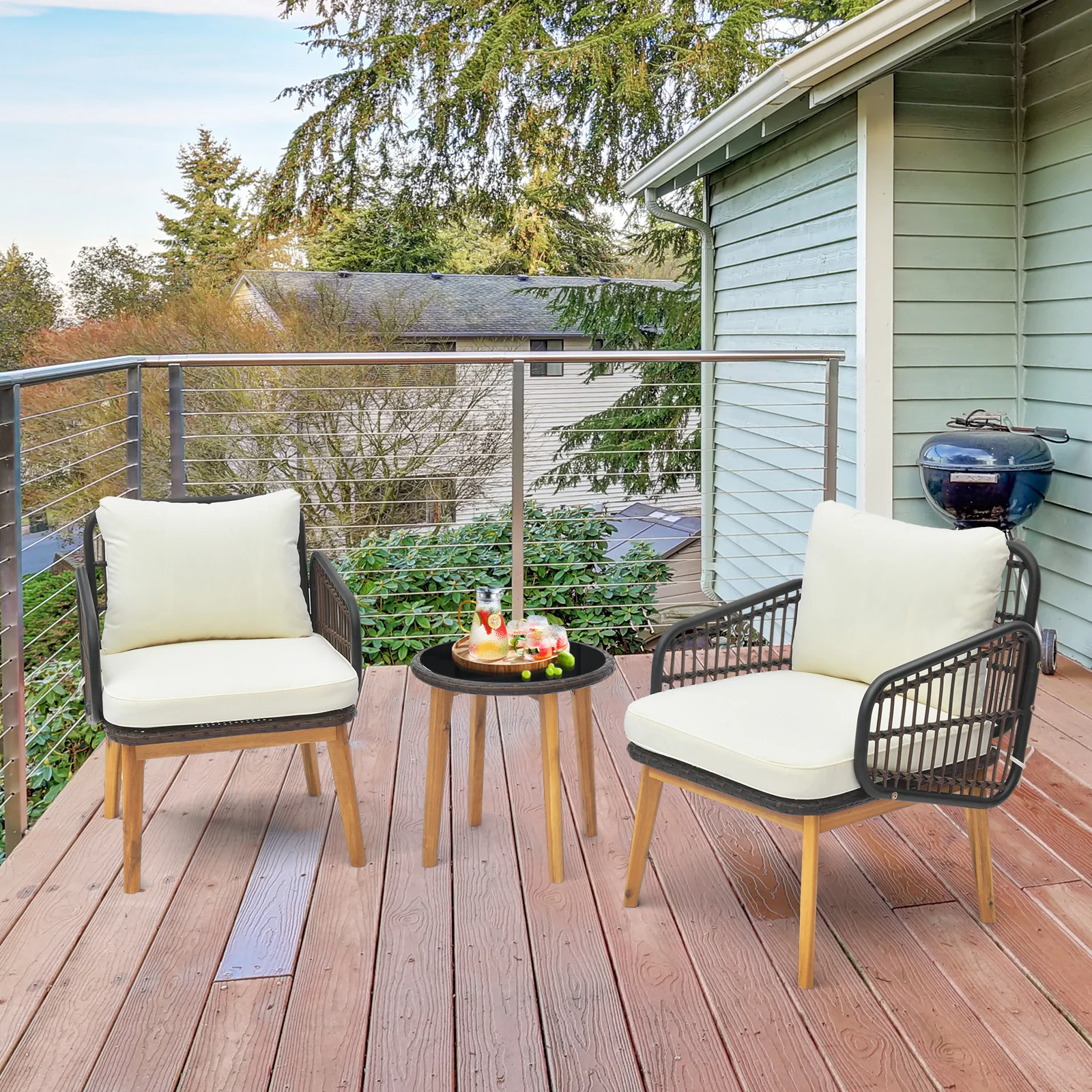 3 Pieces Patio Furniture Set with Cushioned Chairs and Tempered Glass Side Table, Black - Image 2