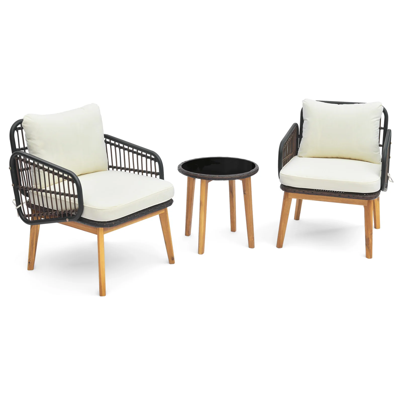 3 Pieces Patio Furniture Set with Cushioned Chairs and Tempered Glass Side Table, Black - Image 4