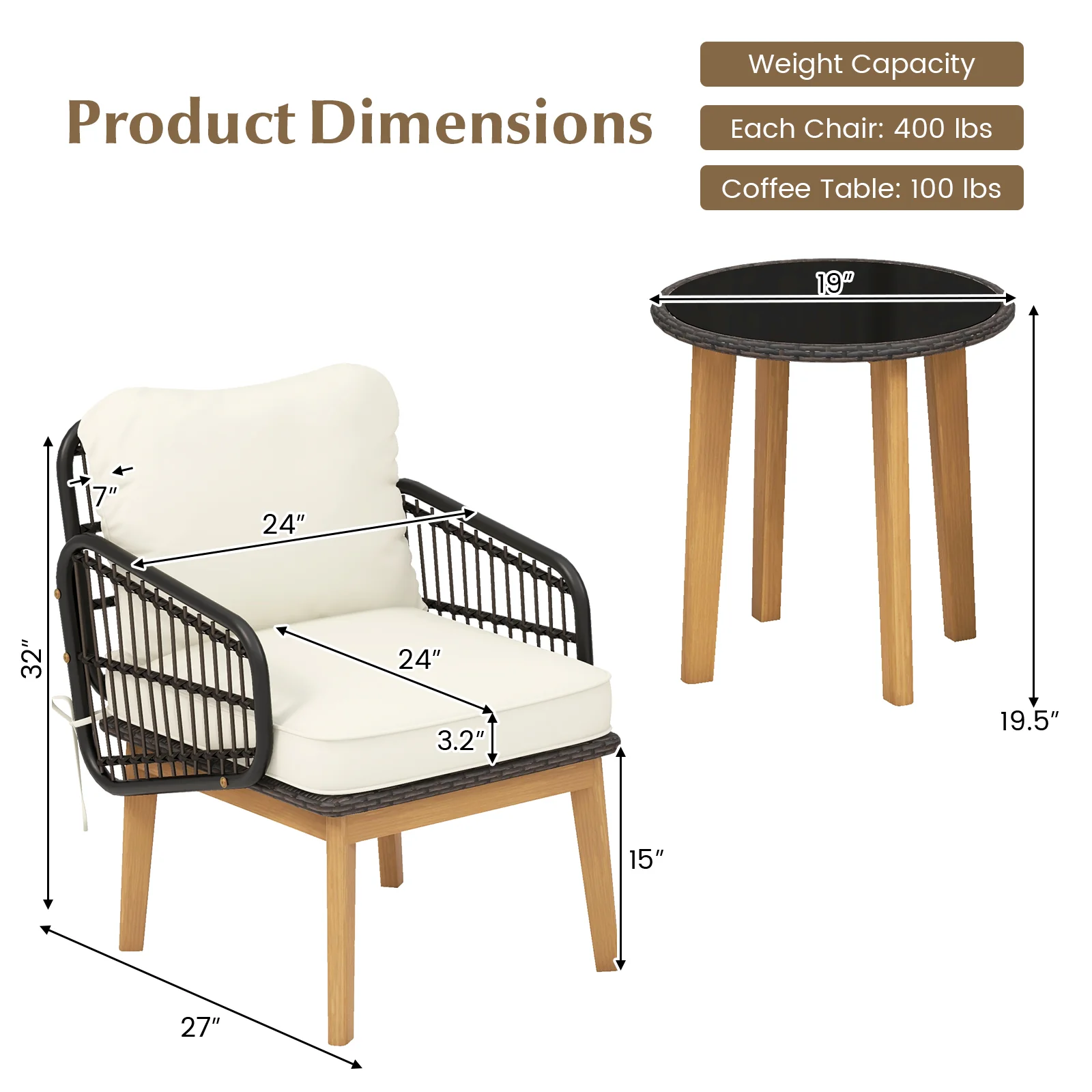3 Pieces Patio Furniture Set with Cushioned Chairs and Tempered Glass Side Table, Black - Image 5