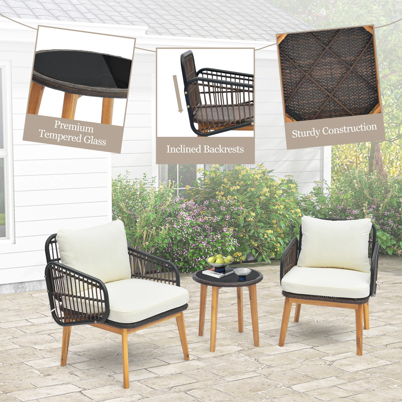 3 Pieces Patio Furniture Set with Cushioned Chairs and Tempered Glass Side Table, Black - Image 9