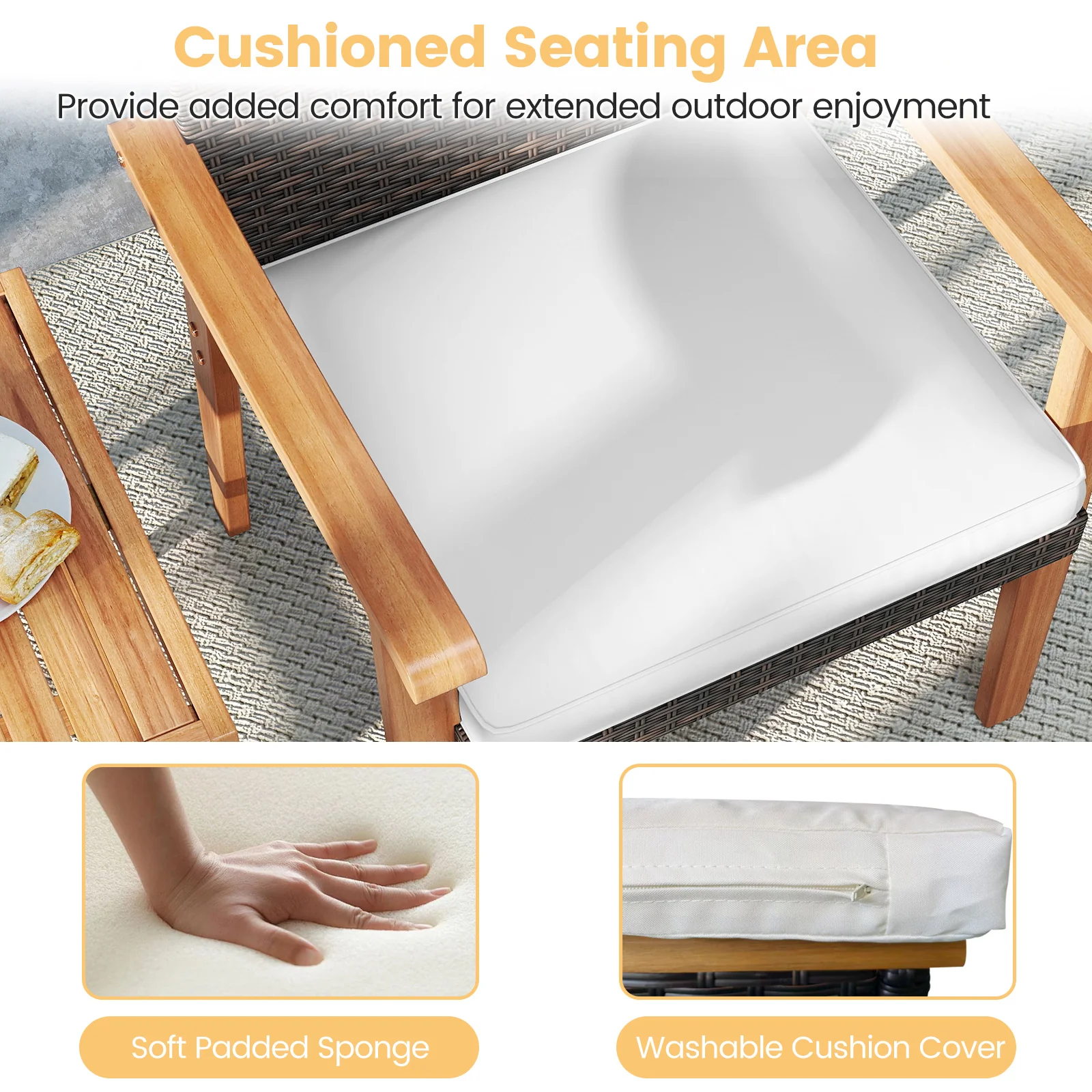 3 Pieces Patio PE Wicker Furniture Set Acacia Wood Outdoor Conversation Bistro Set, White - Image 10
