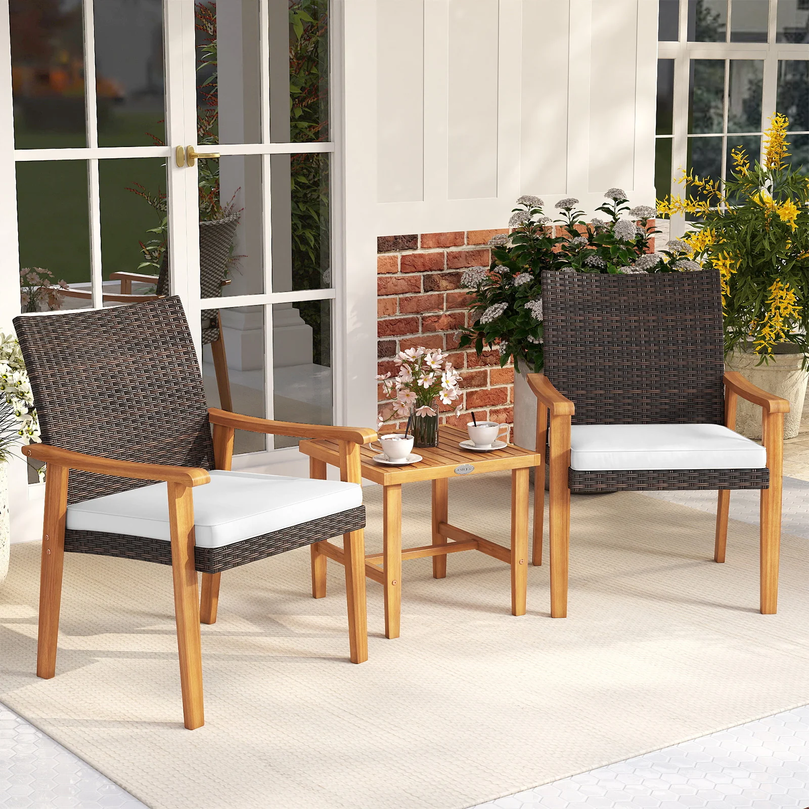 3 Pieces Patio PE Wicker Furniture Set Acacia Wood Outdoor Conversation Bistro Set, White - Image 2