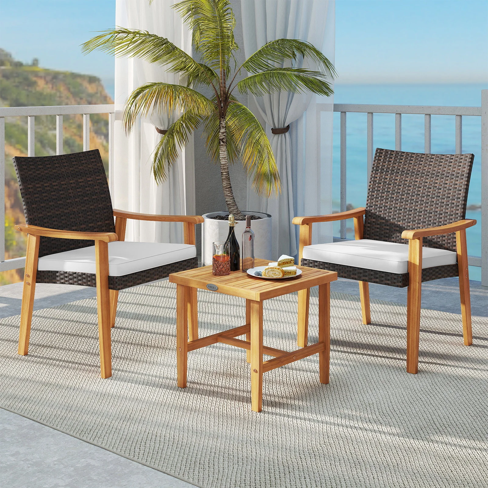 3 Pieces Patio PE Wicker Furniture Set Acacia Wood Outdoor Conversation Bistro Set, White - Image 3